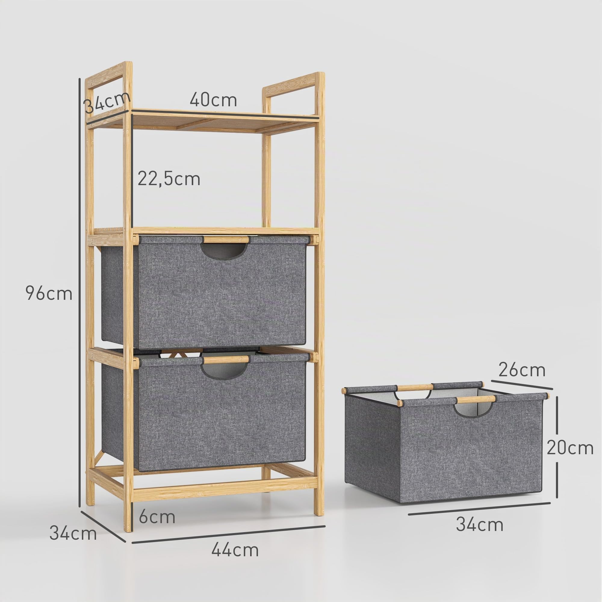 HOMCOM Cesta de ropa 35,4 L con 2 cestas de tela, con asa, Natural | Cesto para ropa, estantes abiertos, caja de ropa, para baño, bambú.