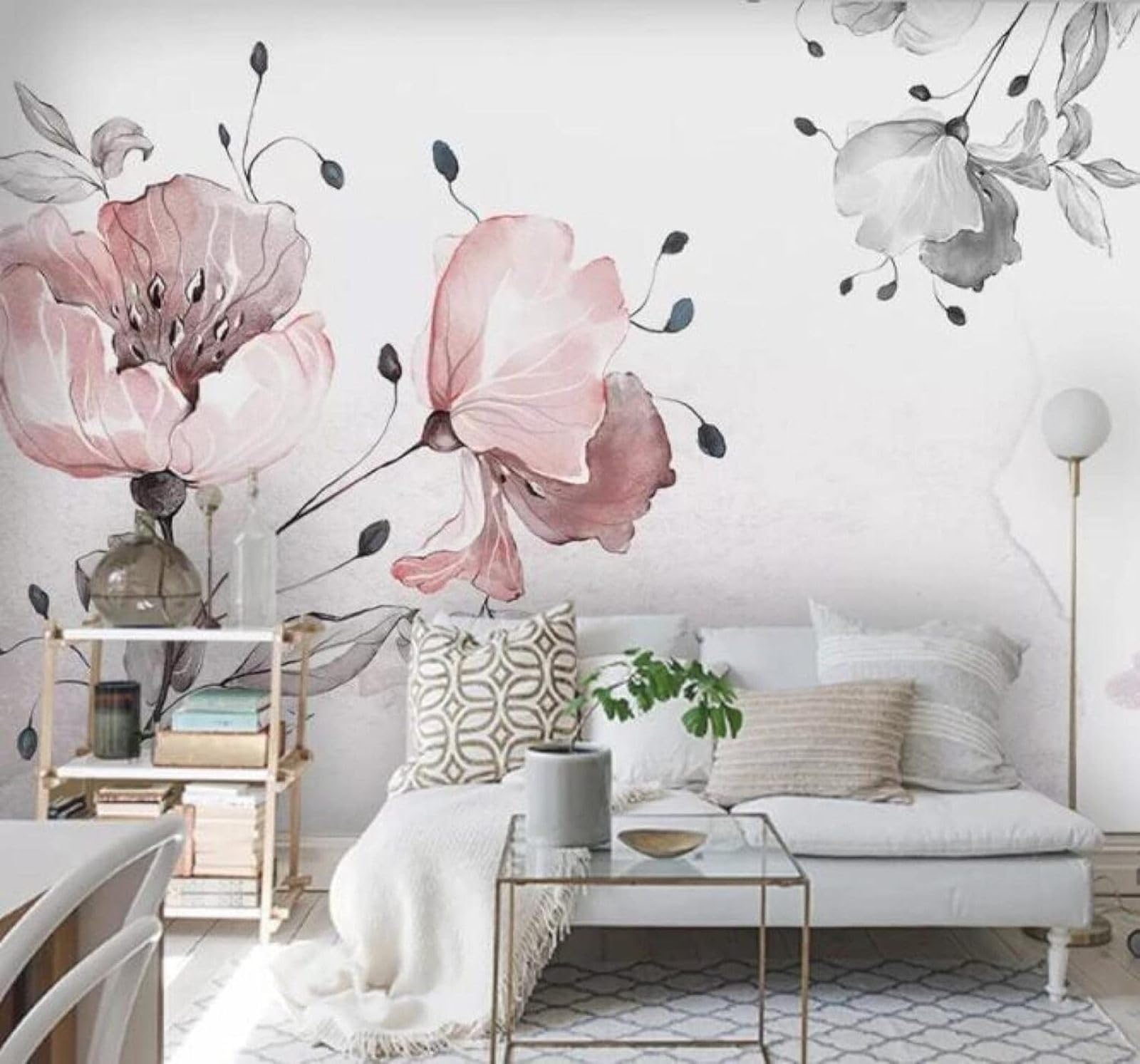 XLMING Minimalist Hand Drawn Plants Pink Flowers 3D Wallpaper Luxury Home Dining Decor Paste Sofa Living Room The Wall for Bedroom Mural-250cm×170cm