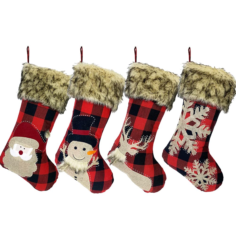 Weihnachtsstrümpfe, 4 Packungen, groß, 45,7 cm, rot, kariert, Weihnachtsstrümpfe, Kamin, hängende Strümpfe mit Plüsch-Kunstfell-Manschette, 4er-Pack, Large