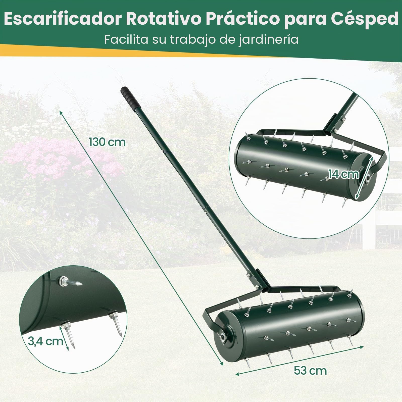 RELAX4LIFE Aireador para césped con rodillo de 44 cm/52 cm, 27/33 puntas antioxidantes de 3,4 cm, aireador de césped con mango largo, ideal para patios, jardines y césped (ancho: 52 cm, verde)