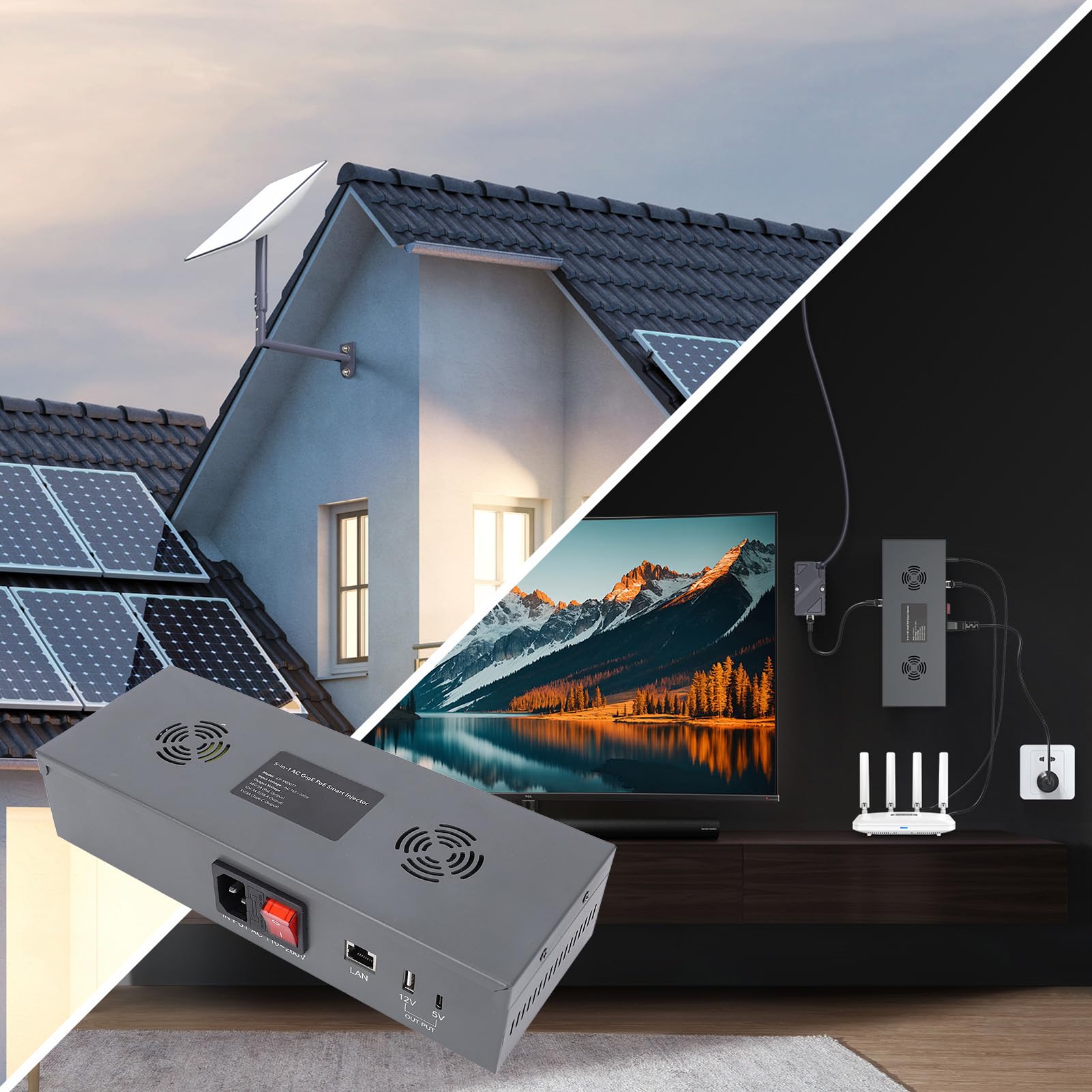 Generic Gigabitowy Iniektor PoE Moc Wyjściowa 150 W dla Anteny Satelitarnej V2 5 W 1 Ethernet - żelazo (wtyczka UE)