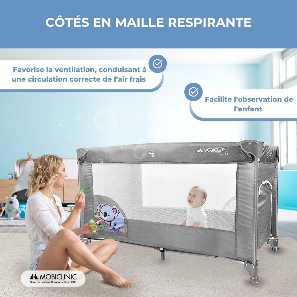 Mobiclinic Lit Parapluie Bébé 2 en 1 Pliage Ultra-Compact Matelas Amovible Jusqu'à 15kg Tissu Respirant Parc pour bébé Gris