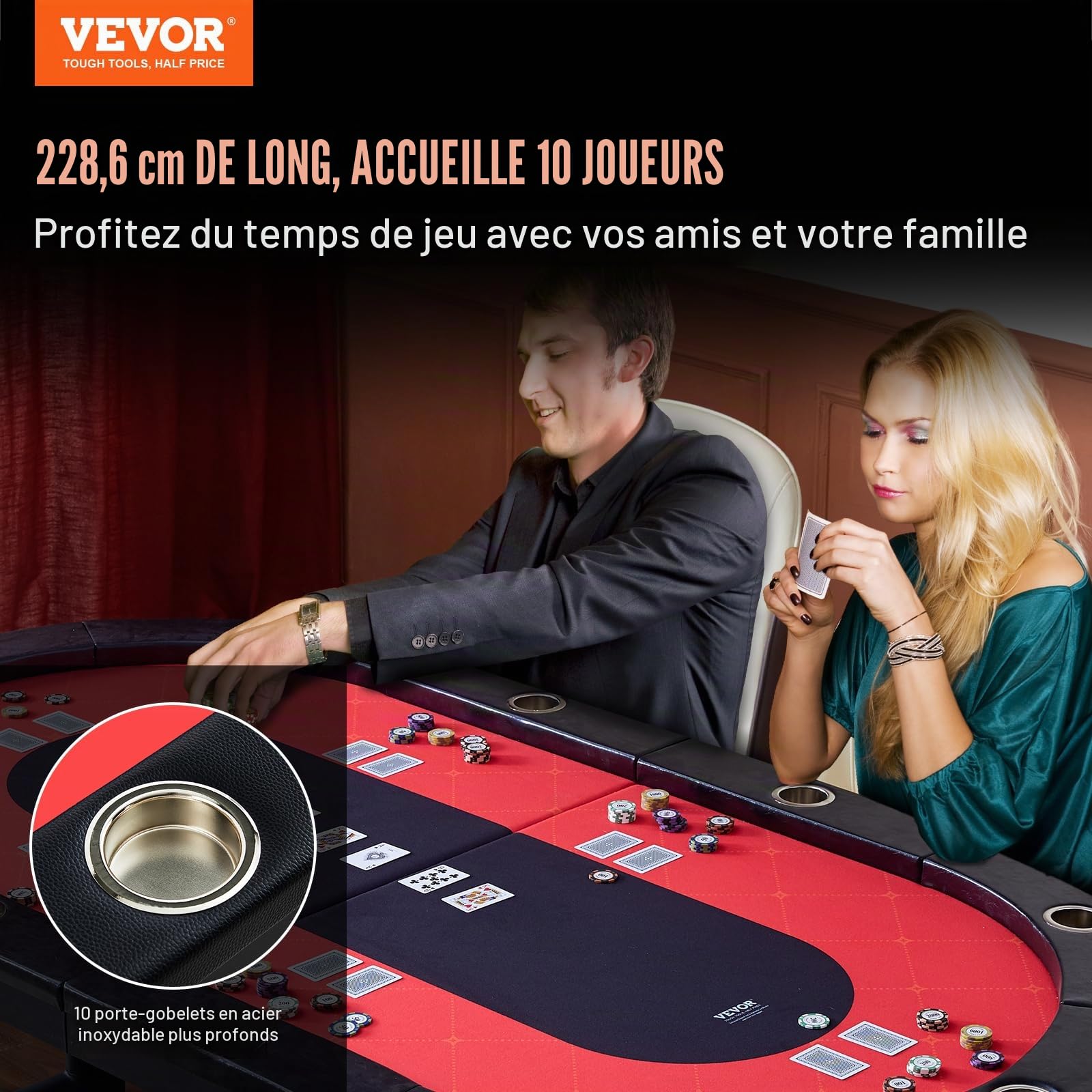 VEVOR Table de Poker Pliable 229 cm pour 10 Joueurs Table de Casino Blackjack Texas Holdem avec Rails Rembourrés et Porte-Gobelets en Acier Inoxydable Table de Jeu de Cartes Jeu de Société Maison