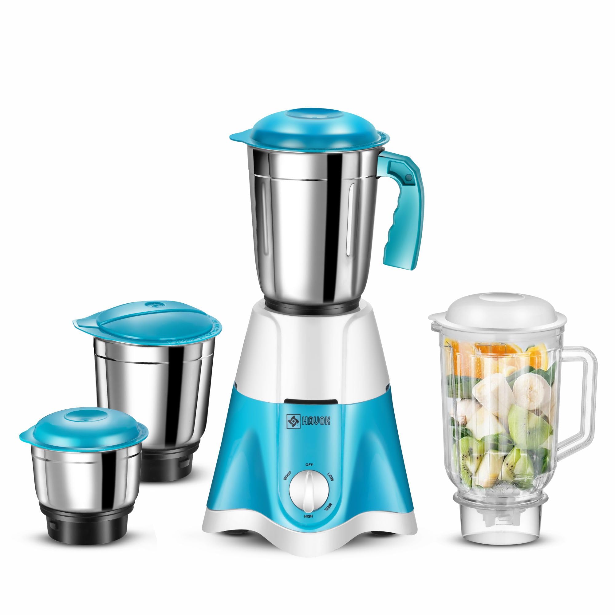 HAVOK 750W Mixer Grinder 4 Stainless Steel Jars | Heavy Duty Kitchen Mixie | 20000 RPM Copper Motor | 3 Speed Control with Pulse | Masala, Chutney & Dry Grinding | Blue & White | 1 Year Warranty