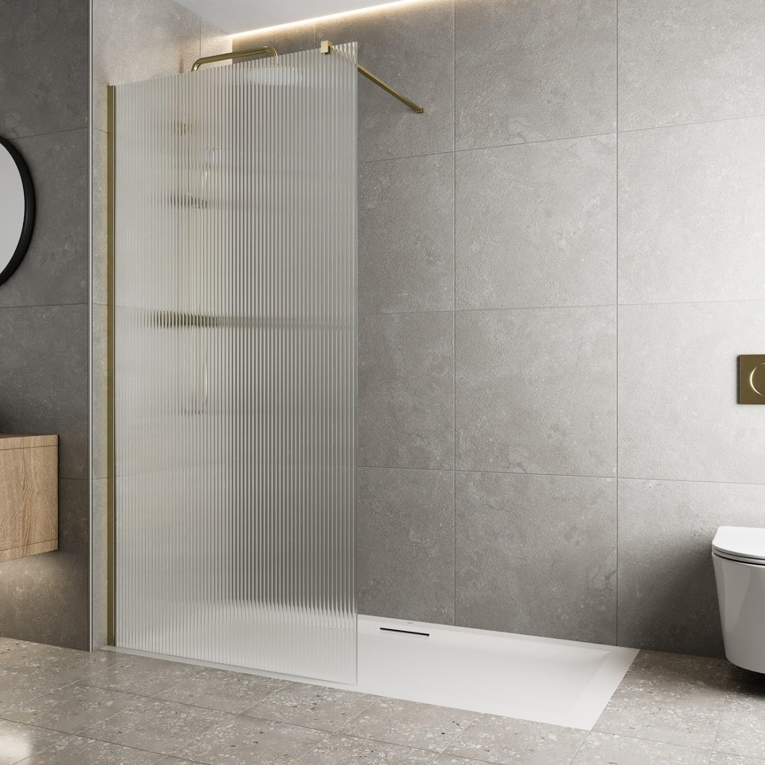 BAYSTONE® 800mm Wet Room Shower Screen Panel 8mm Fluted Toughened Safety Easy Clean Glass Walk in Shower Enclosure, Frameless Panel, Brushed Brass