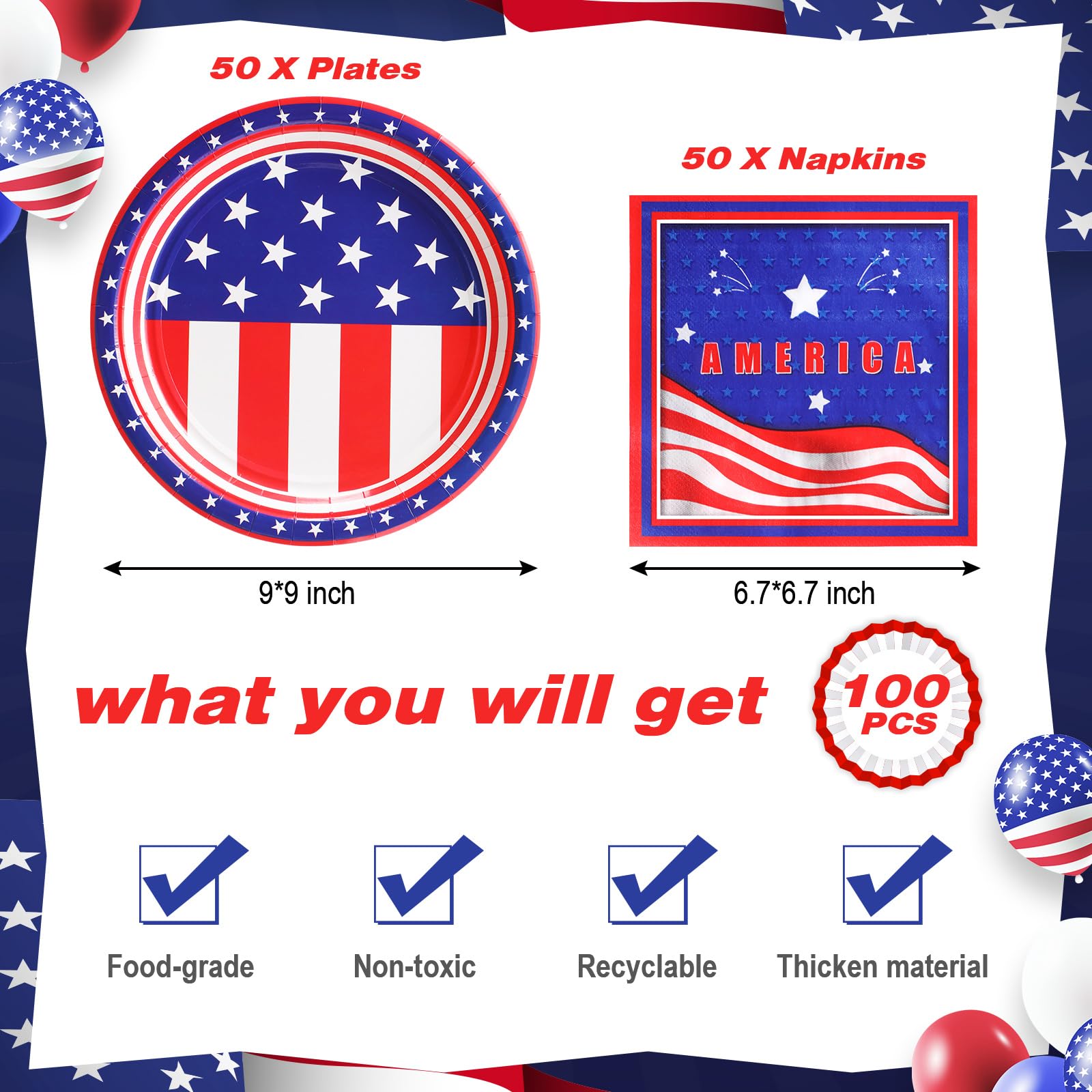 Mumufy 100 piatti e tovaglioli patriottici con bandiera americana, forniture per feste del 4 luglio, piatti di carta usa e getta per festa dei veterani, decorazione per il giorno dell'indipendenza