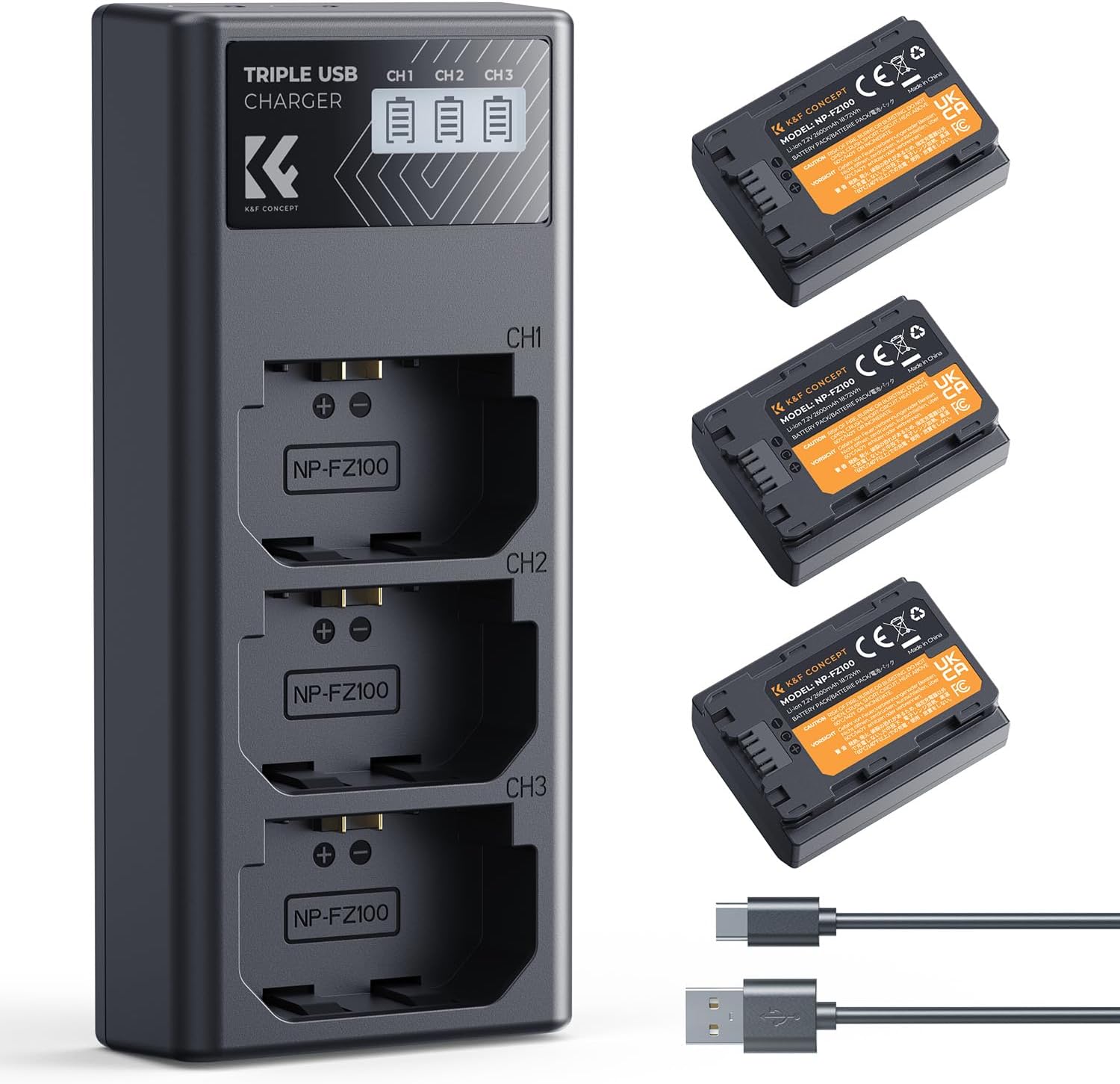 K&F CONCEPT 3-Pack NP-FZ100 2280mAh Battery and 3 Slots LCD Charger Compatible with Sony Camera A7iii, A7iv, FX3, FX30, A6700, A7R, A9, A6600, A7Riii, A7Riv, A7R3, A7C, ZV-E10ii, A7S3 and More