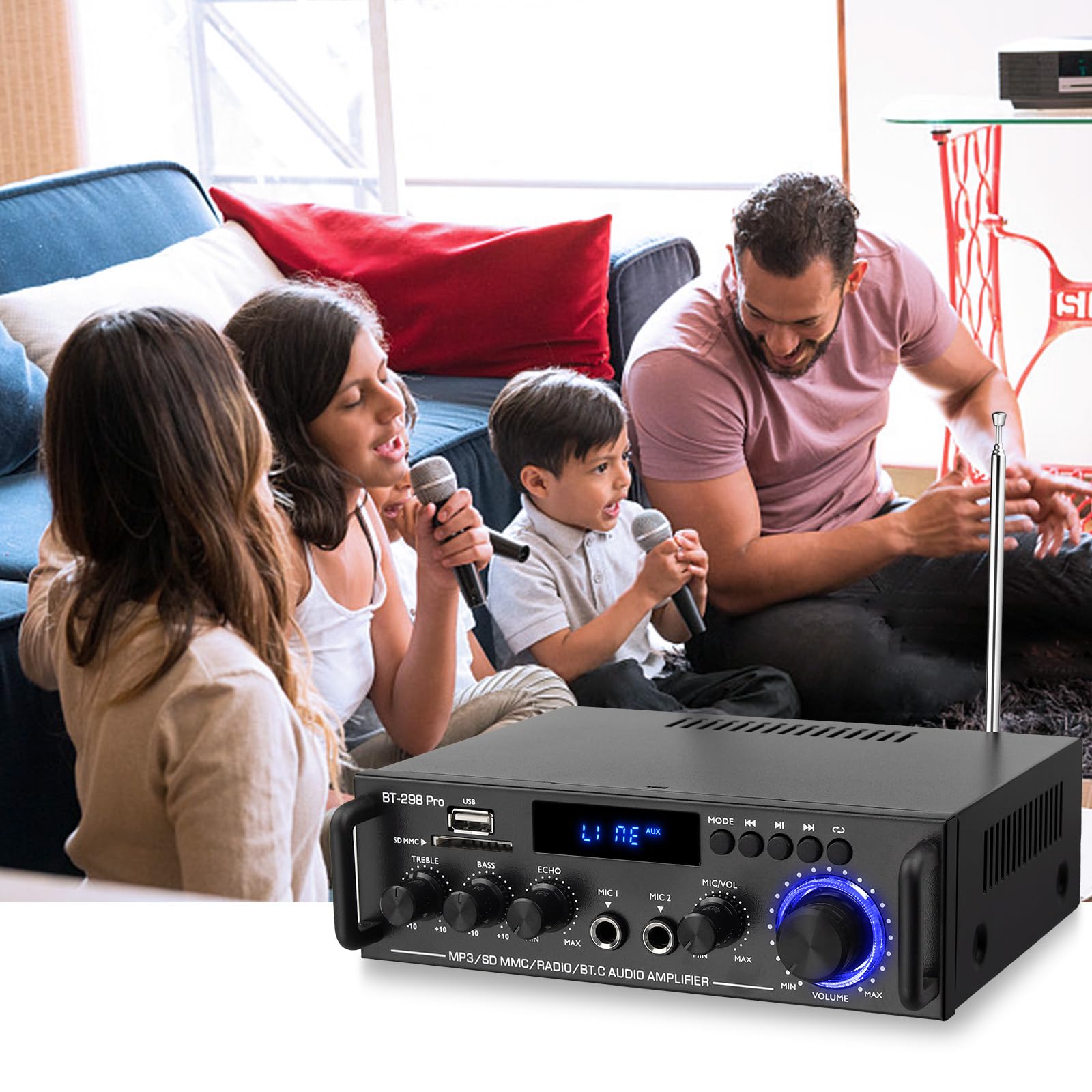 PROZOR Amplificatore Stereo Bluetooth a Due Canali Amplificatore HIFI con Più Modalità di Ingresso e Uscita Amplificatore Audio 50W+50W con Mini Telecomando Amplificatore per Karaoke Home Cinema