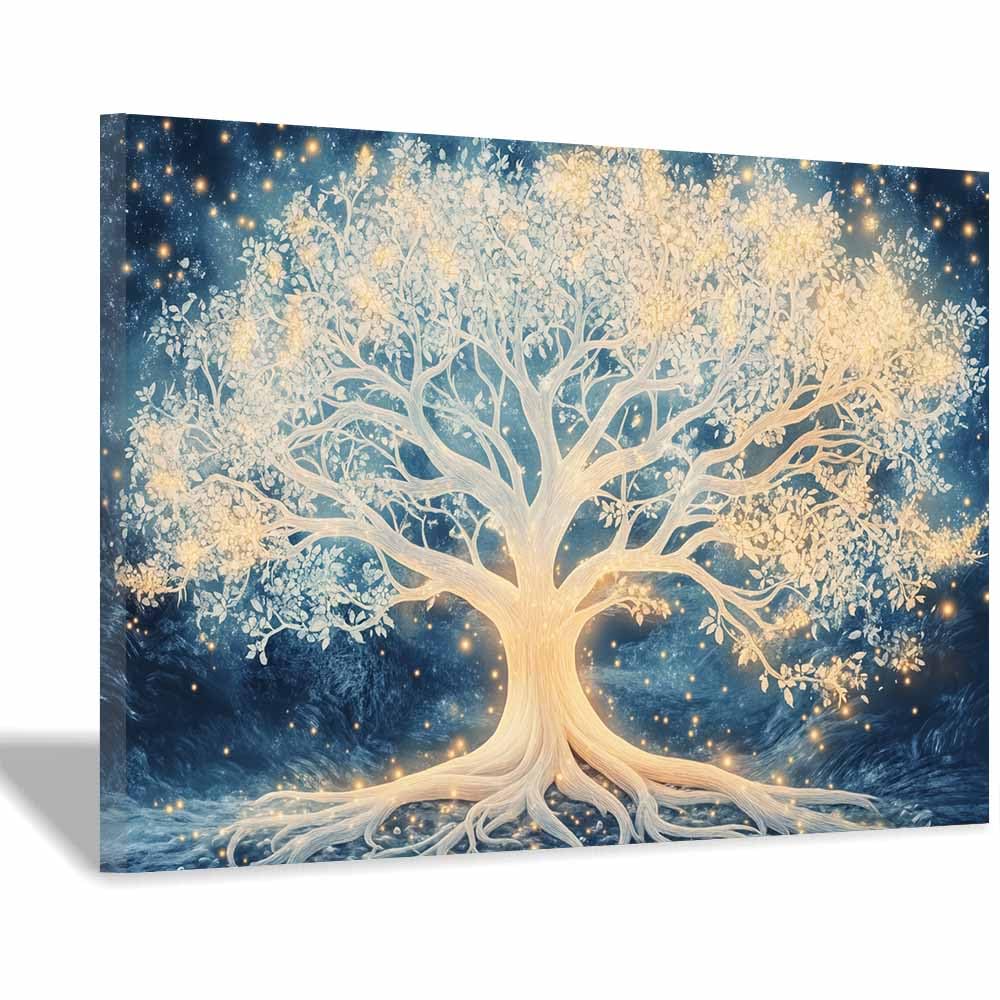 ZAMAEIU Tree of life wall decor Star-Branch Tree On Canvas Prints Poster Pictures for Living Room Bedroom Home Office Wall Decoration(white)-30x50cm Framed