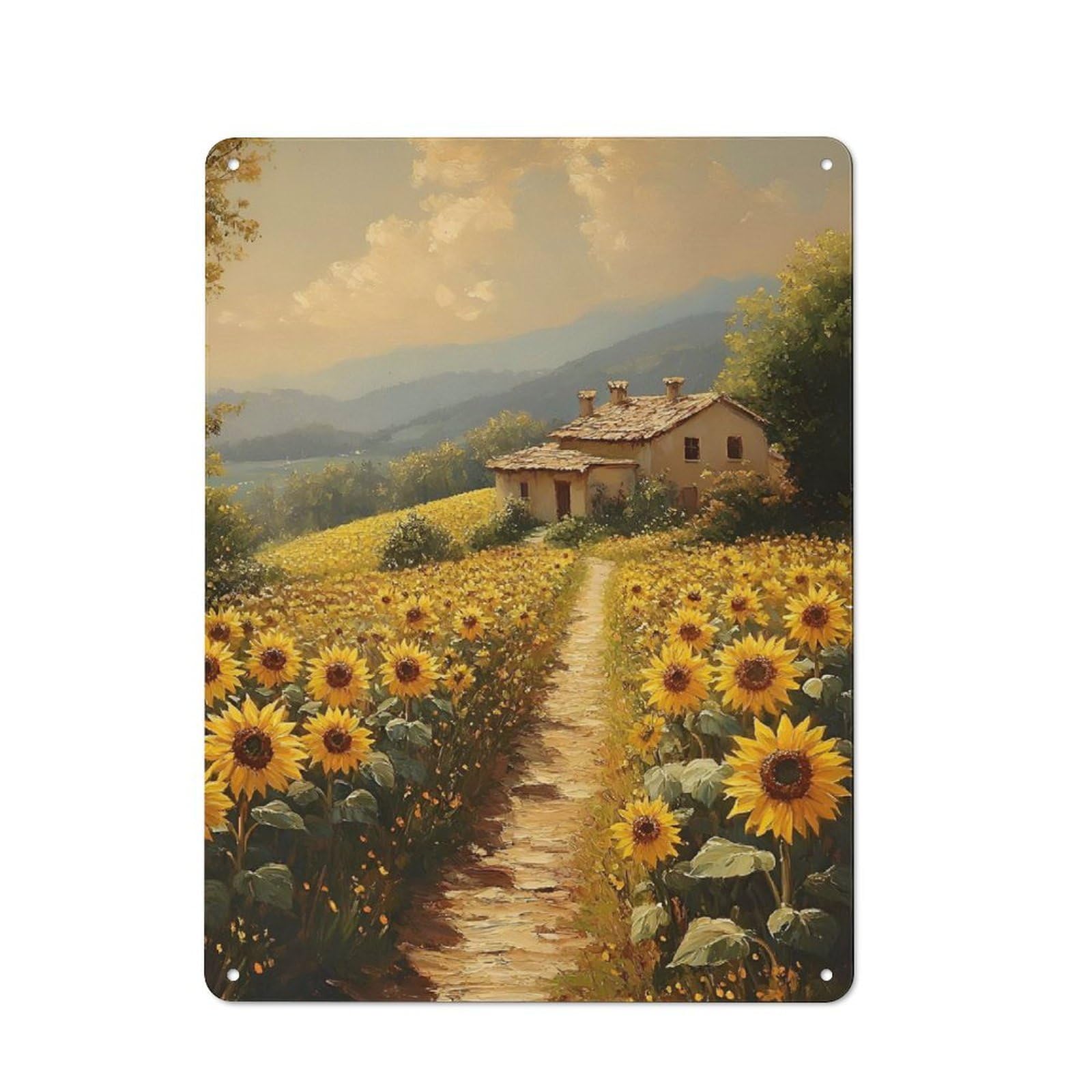 Industrial Metal Sign with Sunflower Field with A House Design 40x30cm, Modern Retro Loft Wall Plaque for Workspace, Cafe, Hallway Or Garage