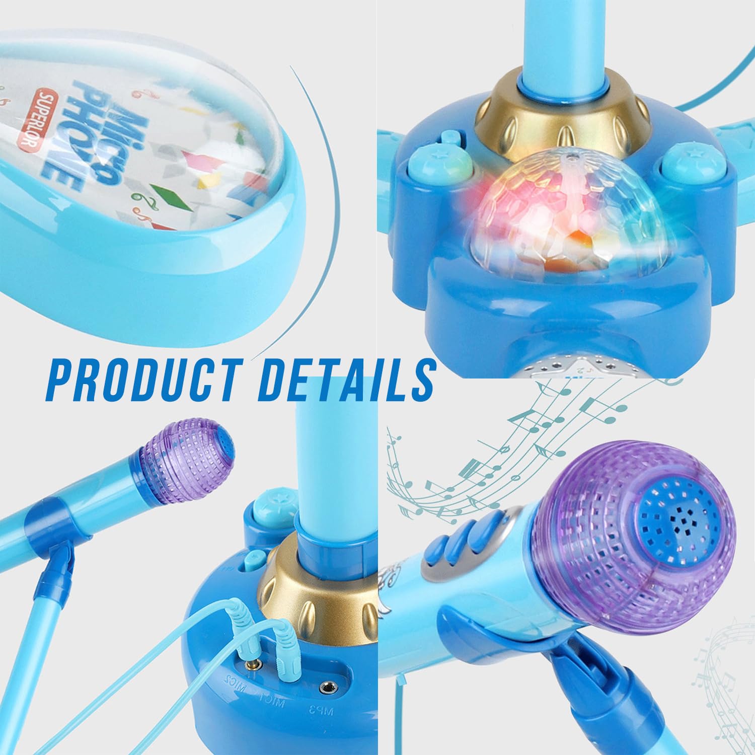 Máquina de karaoke para niños con soporte ajustable, micrófono para niños, música cantando junto con luz intermitente de escenario y pedales, regalo para niños (azul) 6
