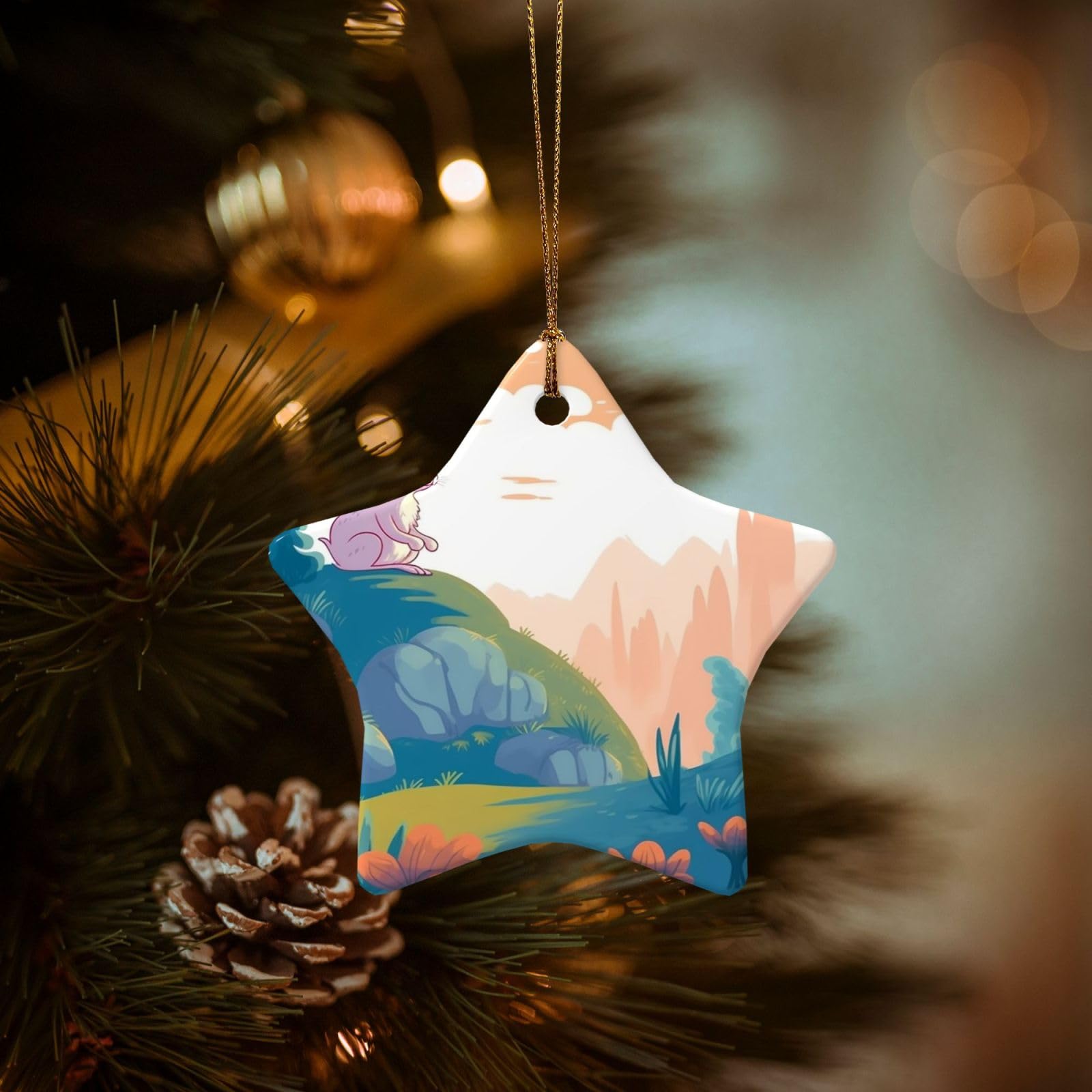 Christmas Tree Ornaments Ceramics Christmas Decorations Rabbit and Landscape Ornaments with Gold Ribbon Porcelain Xmas Tree Crafts Star Shape Hanging Pendant for Christmas Tree Party Decor