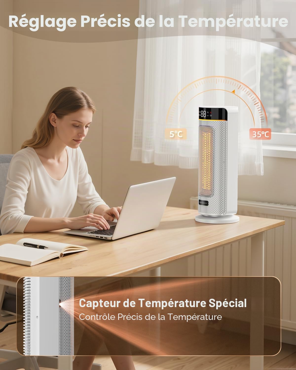 MYCARBON Chauffage d’Appoint Électrique avec Télécommande, Chauffage Soufflant Silencieux avec Thermostat, Minuterie 1-12h, Mode ECO, Mode Nuit, Radiateur Soufflant Céramique PTC avec Écran LED, Blanc