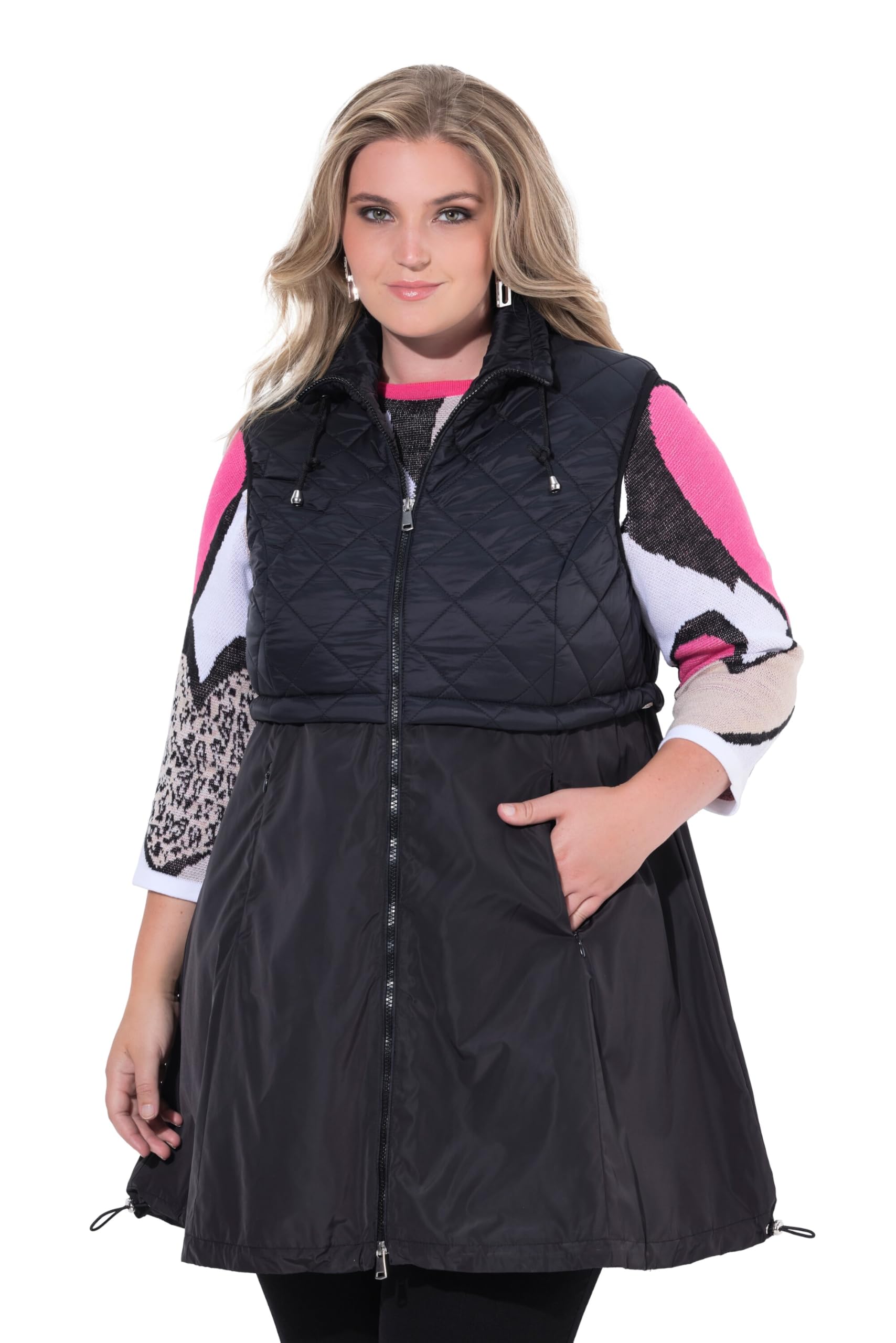 MIAMODA Damen große Größen Übergrößen Plus Size Long-Steppweste, Stepp und Web, 2-Wege-Zipper 840157
