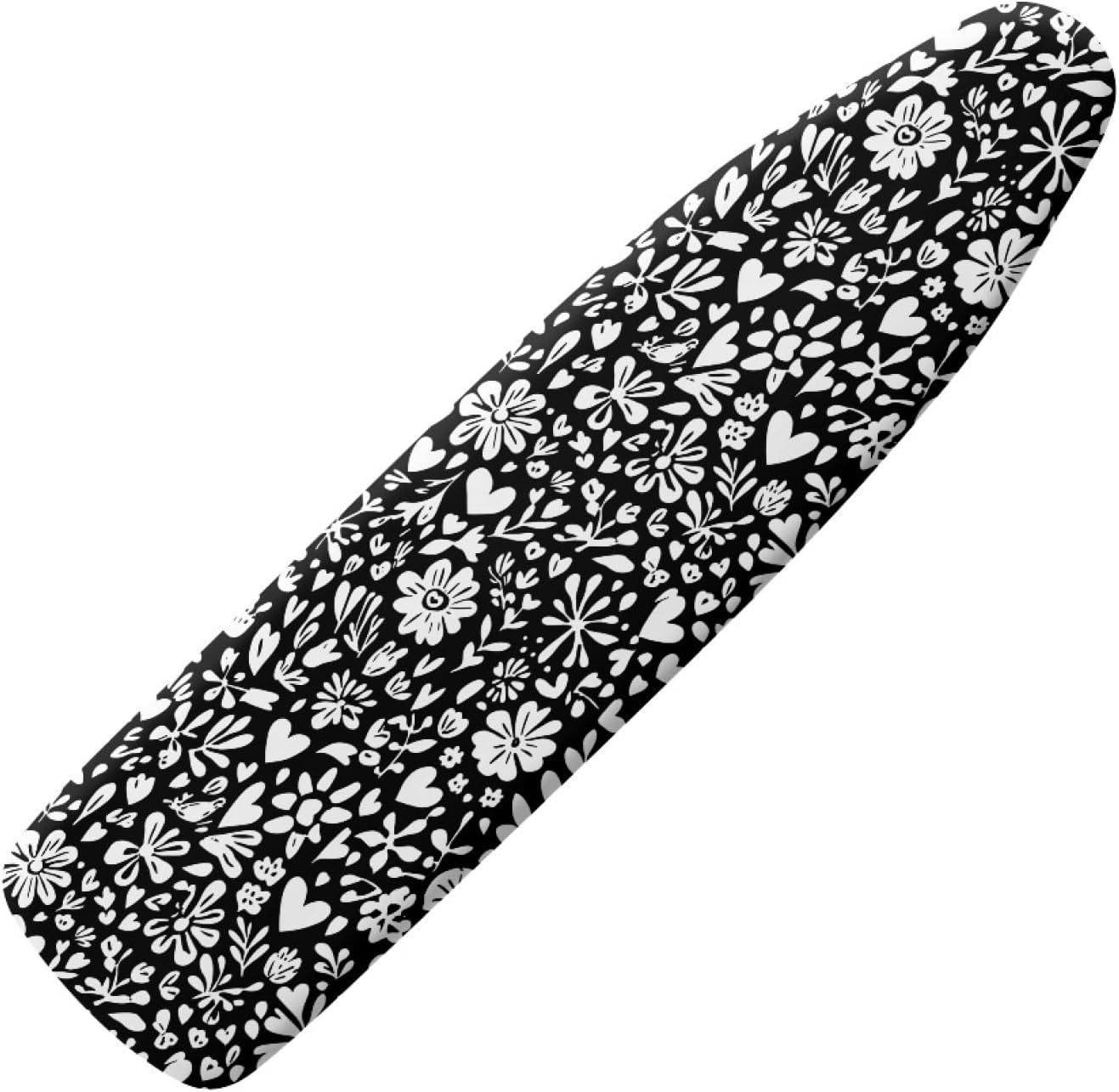 Large Ironing Board Cover and Pad 59x19 Black White Floral Oval Iron Table Cover with Padding,Extra Wide,Resist Scorching and Staining,Heatproof,Adjustable Fastener Durable Stain