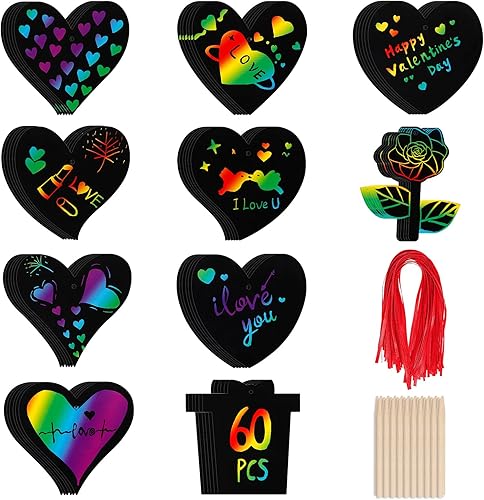 Paquete de 60 tarjetas de regalo para el día de San Valentín para niños, tarjetas de arcoíris con forma de corazón, arte para rascar, manualidades