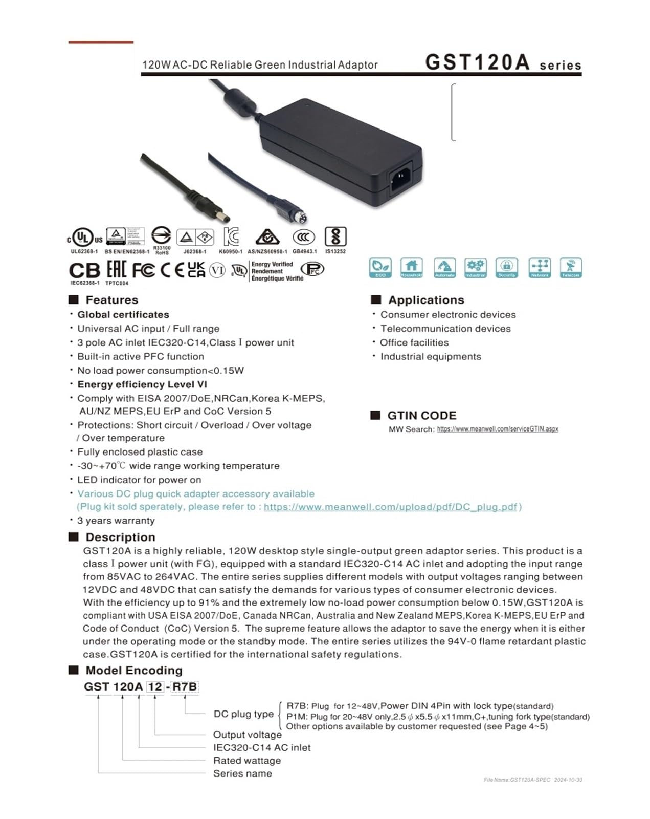 A12/A15/A20/A24/A48 Switching Power Supply P1M 12V24V GST120A12-R7B GST120A24-R7B GST120A24-P1M(GST120A15-R7B 15V)