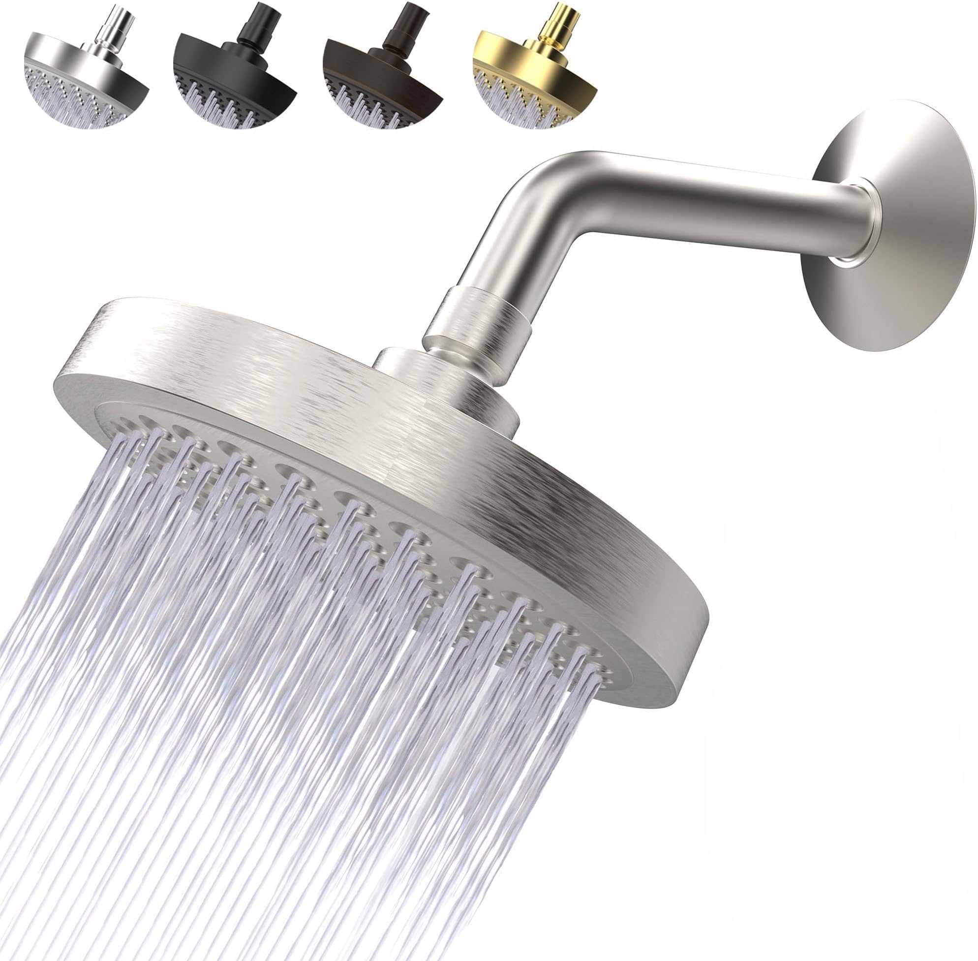 High Pressure Shower Head - Anti-Clogging Silicone Nozzles 2.5 GPM Removable Restrictor - Easy to Clean and Install - Includes Plumbers Tape - 6 inch - (Brushed Nickel 2.5GPM)