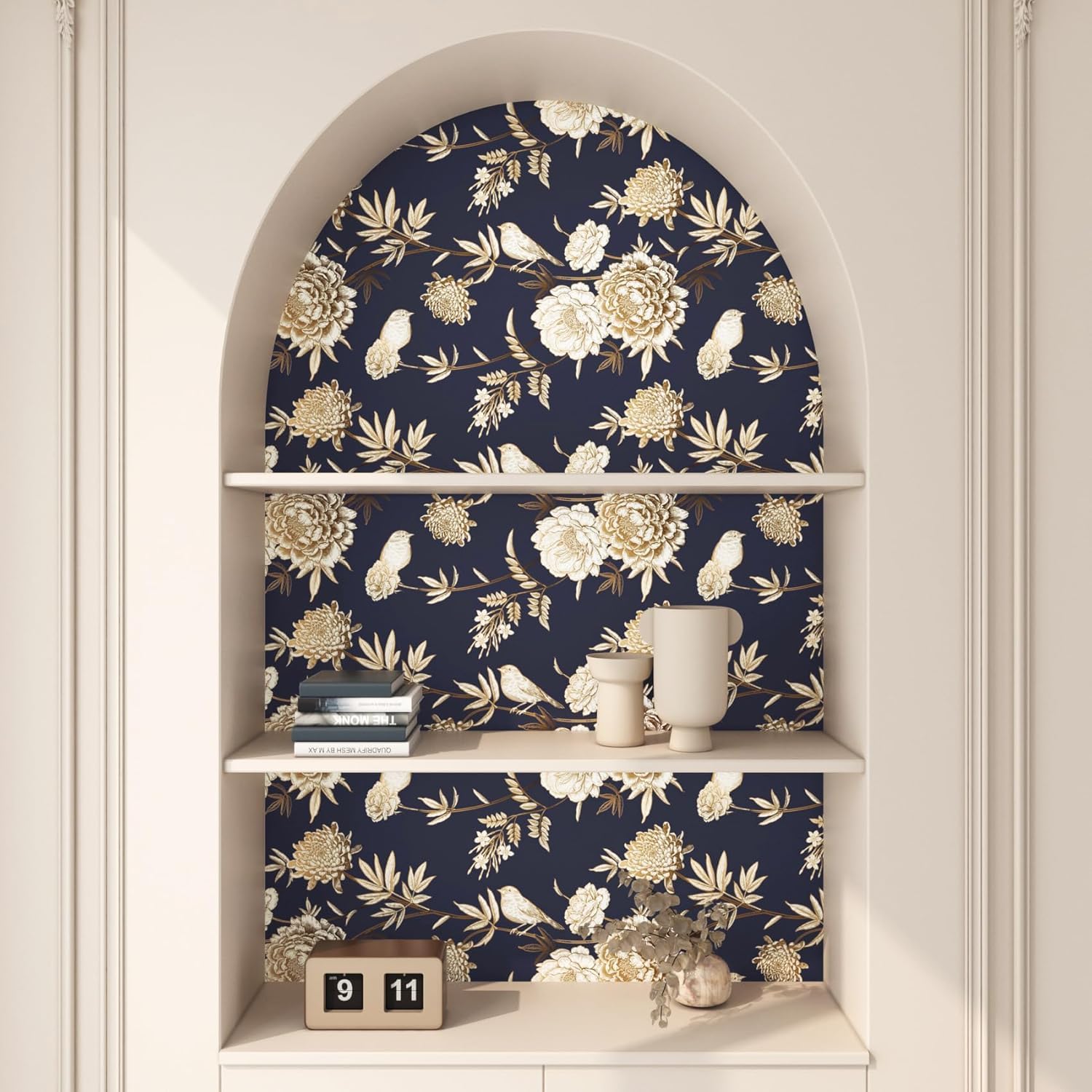 FunStick 17.5"x354" Dark Blue and Gold Wallpaper Peel and Stick Vintage Bird Floral Peel and Stick Wallpaper for Bedroom Living Room Self Adhesive Navy Blue Contact Paper for Cabinets Wall Decor Shelf