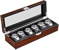 BEWISHOME High-End Watch Box, 6 Slot Wooden Watch Case with Large Glass Lid, Wooden Watch Storage, watch holder Watch Organizer for Men, Watch Display Case, Brown SSH06Y