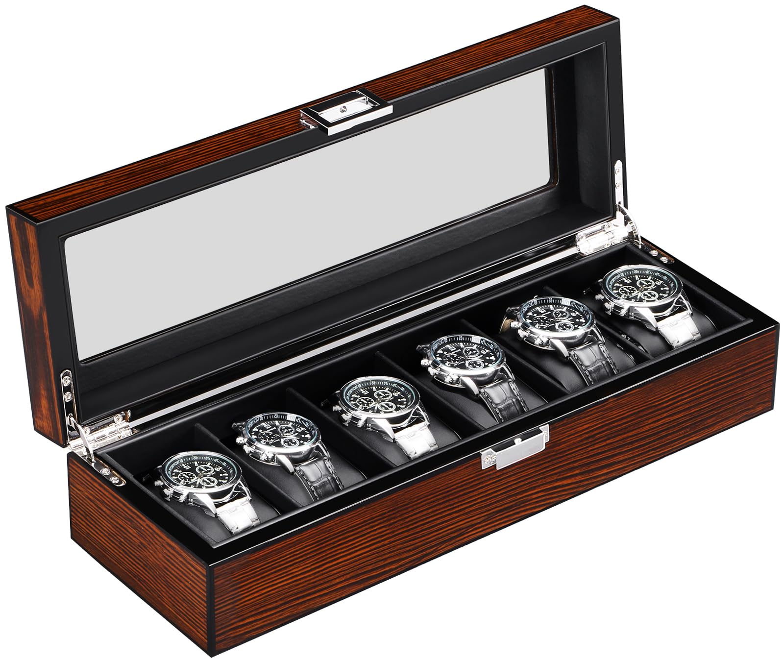 BEWISHOME High-End Watch Box, 6 Slot Wooden Watch Case with Large Glass Lid, Wooden Watch Storage, watch holder Watch Organizer for Men, Watch Display Case, Brown SSH06Y