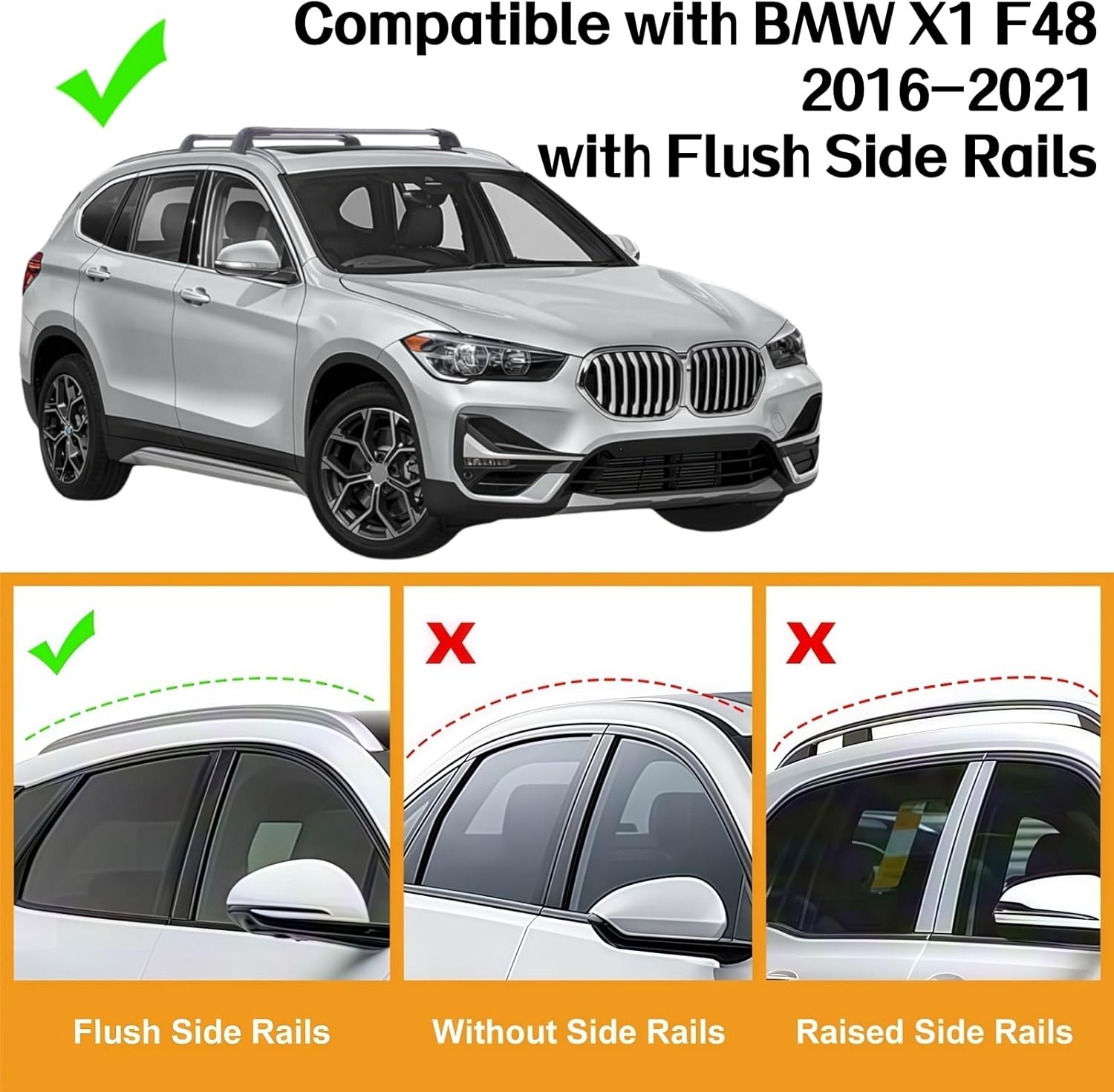 SYDSZ Cross Bar Roof Rack Fit for BMW X1 F48 2016 2017 2018 2019 2020 2021, Flush Side Rails, Heavy Duty Aluminum Roof Cross Bars Rooftop Luggage Rack, Ski Rack for Car Roof