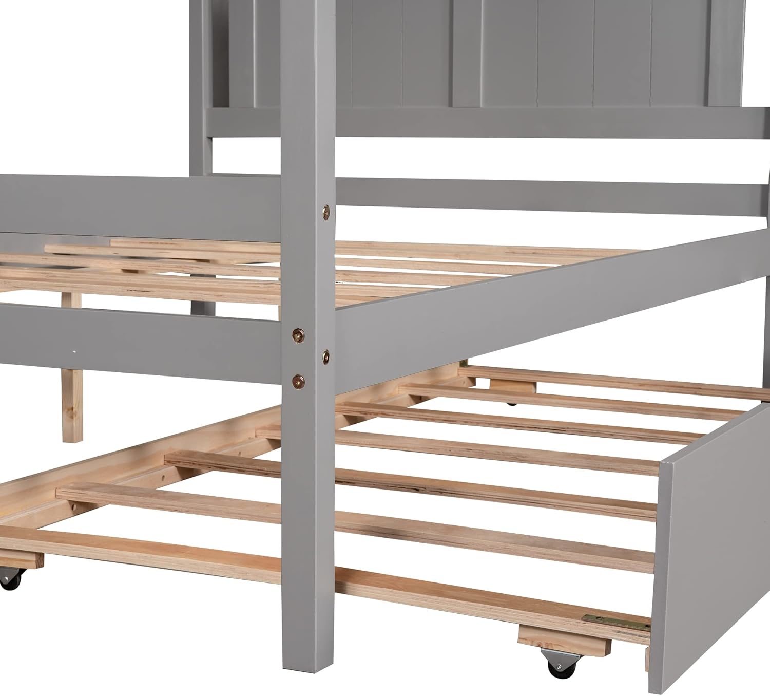 Close-up of the Beyamis trundle bed mechanism and slats.