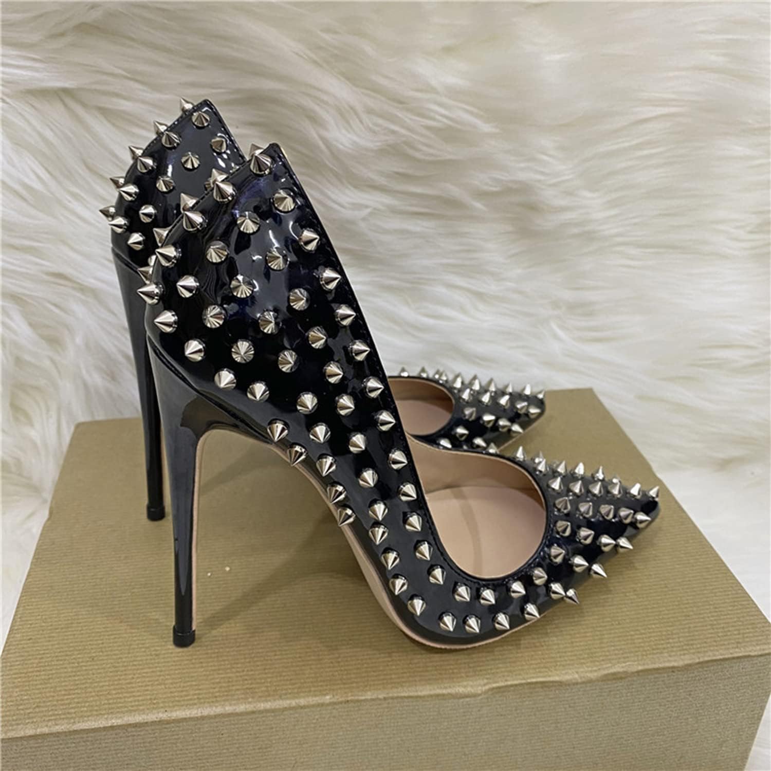 Tacchi alti a punta borchiati da donna con tacco a spillo da 4,7 pollici borchiati slip on abito da sposa scarpe da sera pelle/Black/39EU