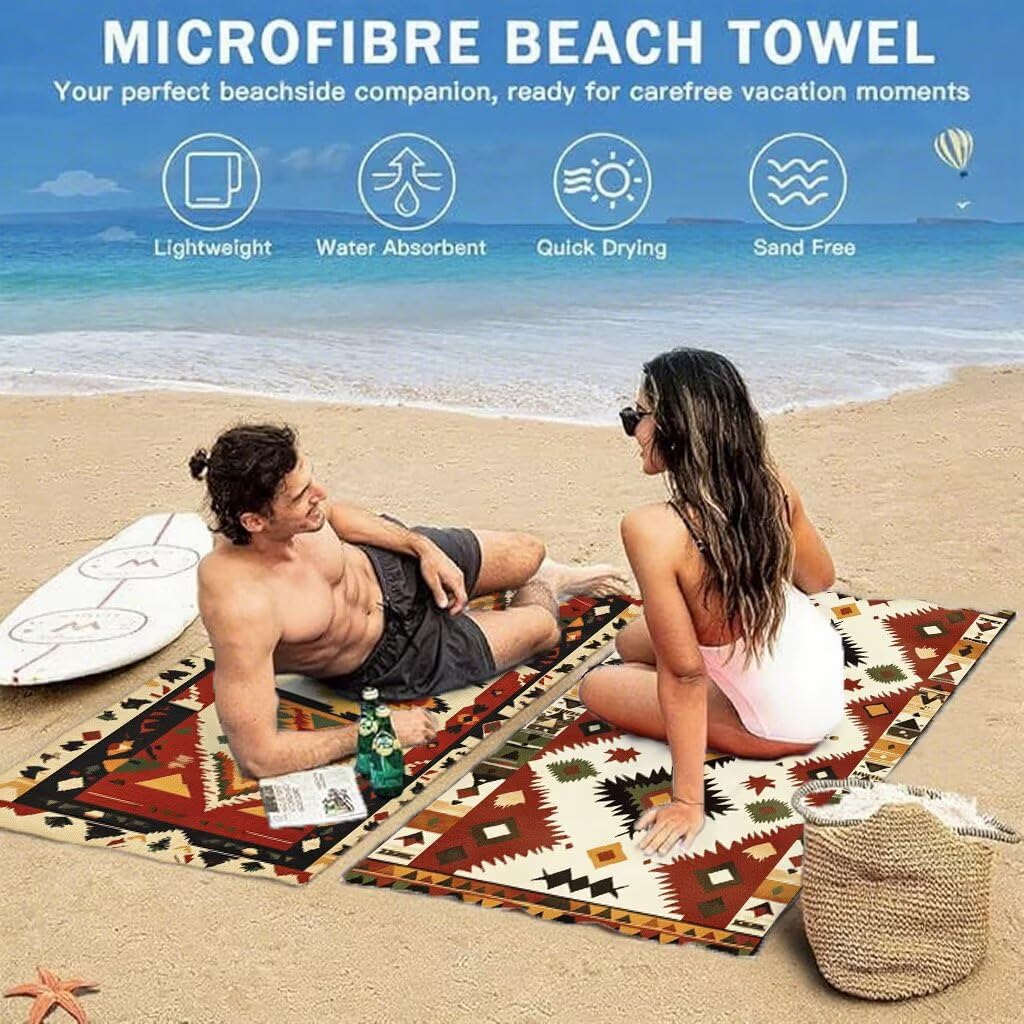 Serviette de Plage 90x180cm, Rouge Serviette Microfibre Lot de 2 Bohême Motif Ultra Absorbantes Séchage Rapide Anti Sable Légère Drap de Plage avec Bouton Pression Design pour Piscine Voyages,Model317