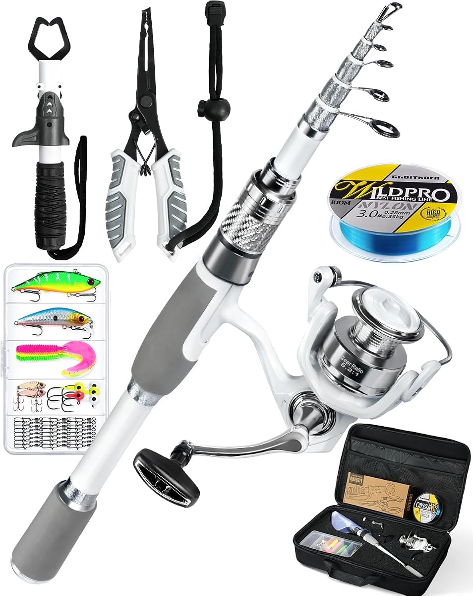 Combo de caña y carrete de pesca, bolsa de transporte telescópica de fibra de carbono, Kit portátil para agua salada y agua dulce