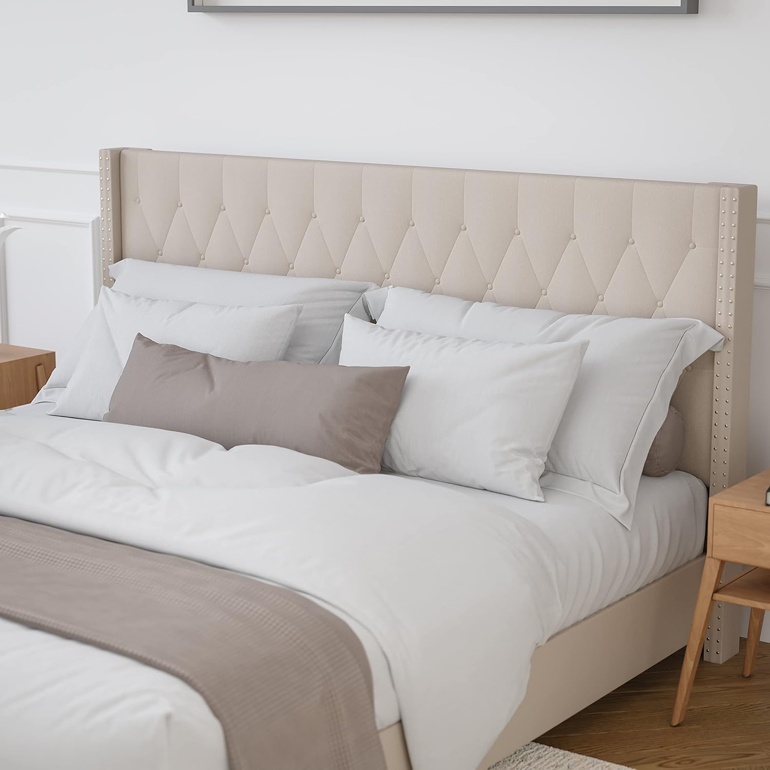 Merrick Lane Chenoa Upholstered King Size Platform Bed in Beige Fabric with Button Tufted Headboard
