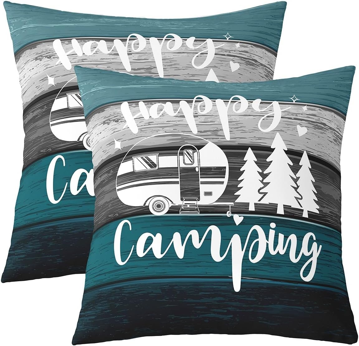Camping Camper Throw Pillow Covers Watercolor Vintage Blue Gray Wooden Stripes Pillow Cases for Kids Teens Adults Rustic Adventure Farmhouse Style Cushion Covers for Bed RV 22x22 Inch Set of 2