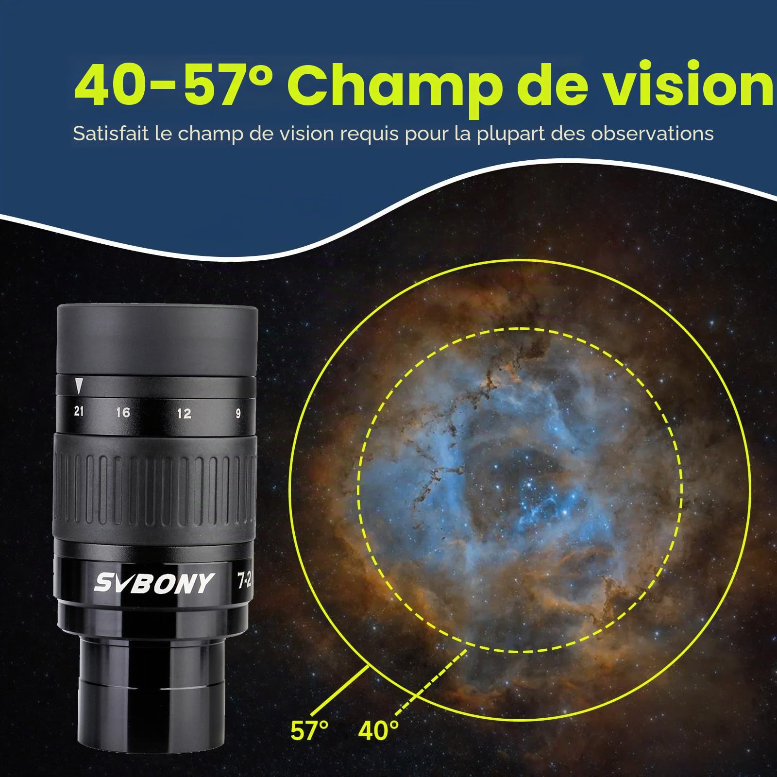 Svbony SV135 Oculaire Télescope, 7-21 mm 1,25'' Oculaire Zoom, 6 Eléments 4 Groupes, FMC, 57°-40° Champ de Vision, Accessoire pour Télescope, pour Lune Planètes, Observation Astronomique Visuelle