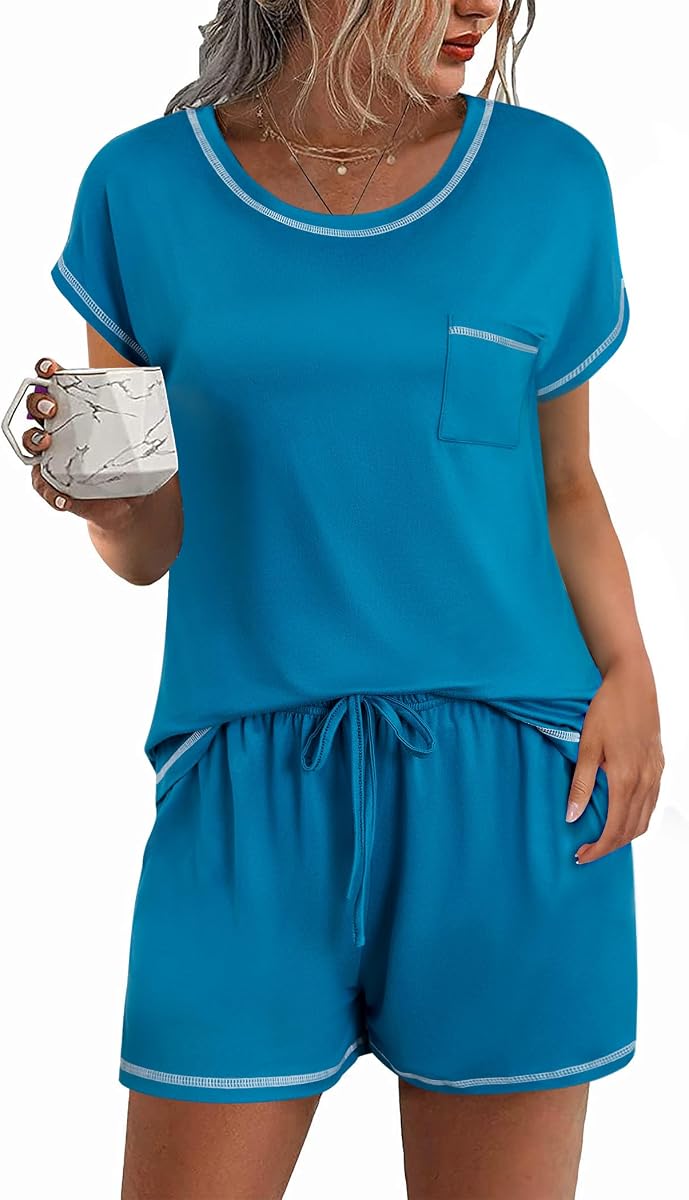 Ekouaer Womens Pajama Sets 2 Piece Pjs Short Sleeve Top and Shorts | Soft Sleepwear Round Neck Lounge Set with Pockets for Sleeping, Daily Wear
