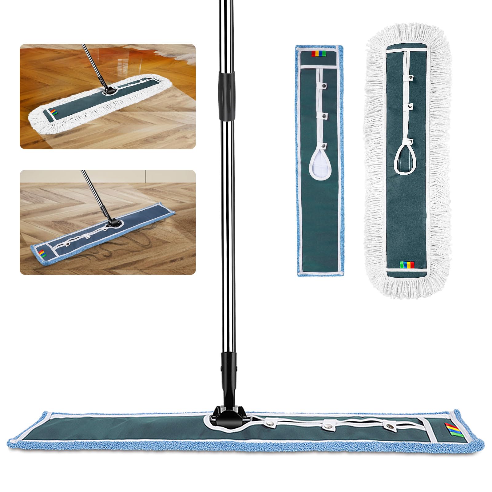 Myiosus Płaski mop podłogowy 105 cm z uchwytem ze stali nierdzewnej, przegub obrotowy 360°, bawełna i mikrofibra - wydajna wycieraczka do domu, biura