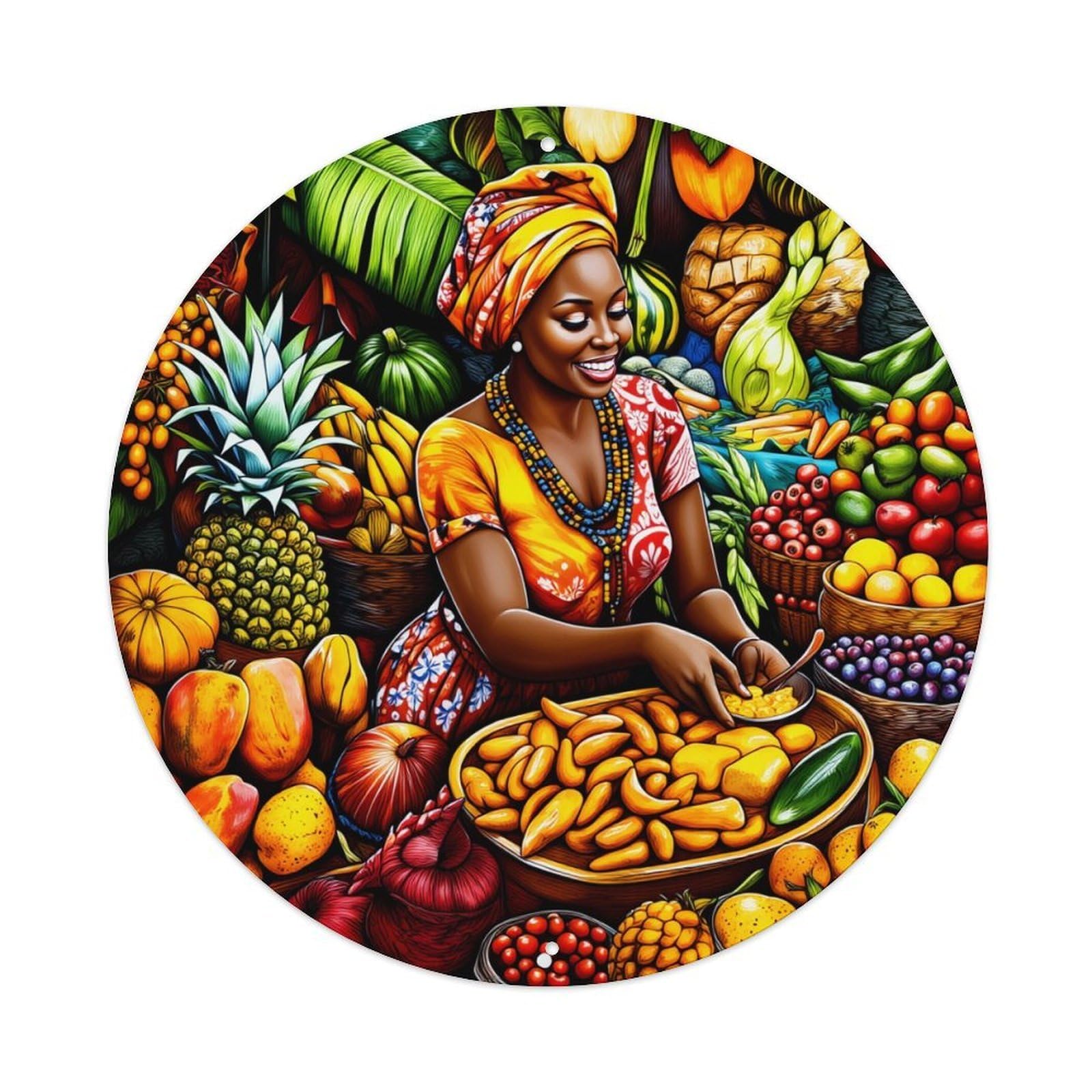 Colorful Tropical Fruit Market Scene Round Tin Sign Vintage Metal Poster, Home Bar Garage Man Cave Cafe Indoor & Outdoor Wall Decoration 8x8Inches