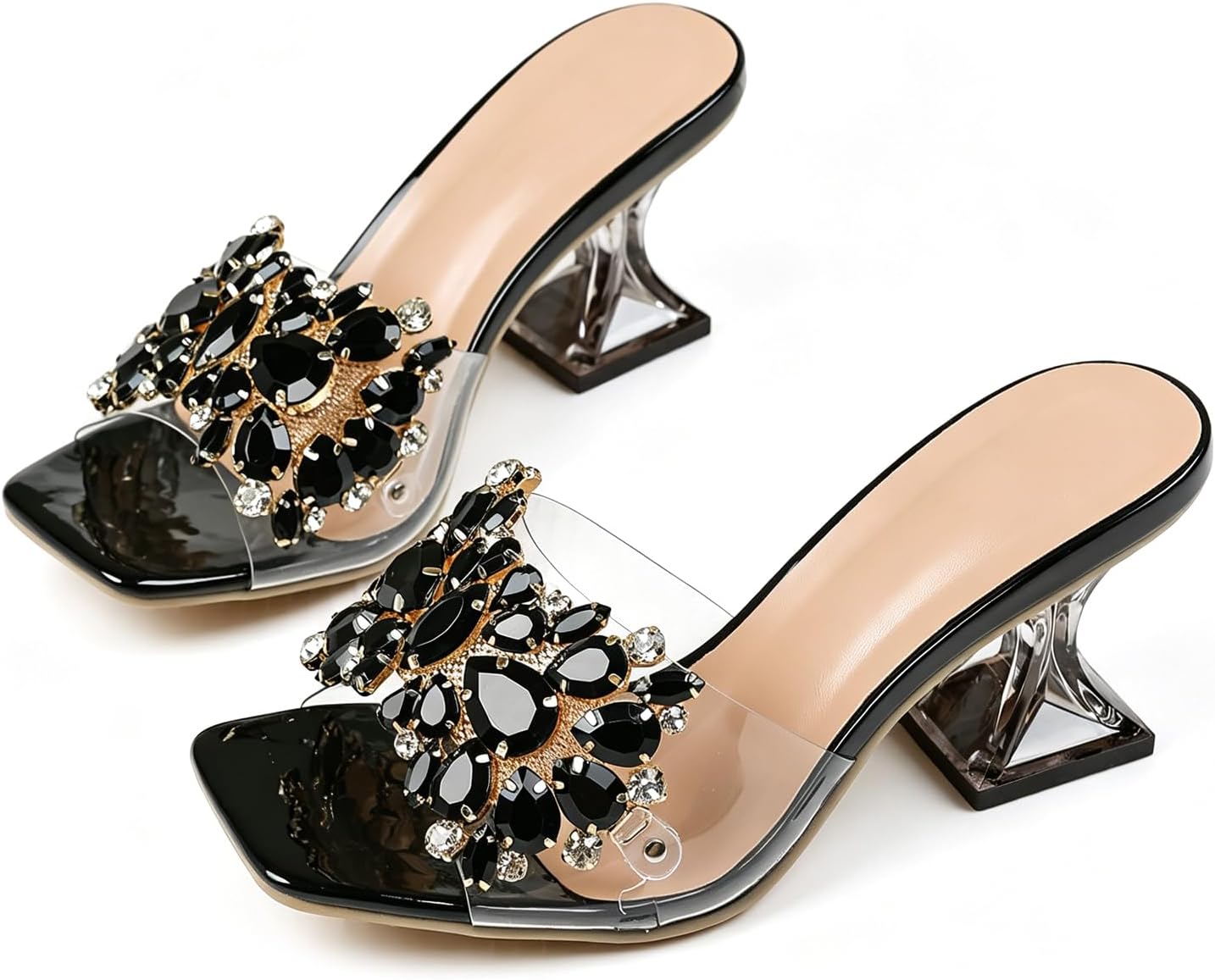 Women'S Clear Flower Square Open Toe Flared Heel Slide Sandals Fashion Transparent Wine Glasses Heel Dress Mules Sandals For Summer Party, Wedding Prom