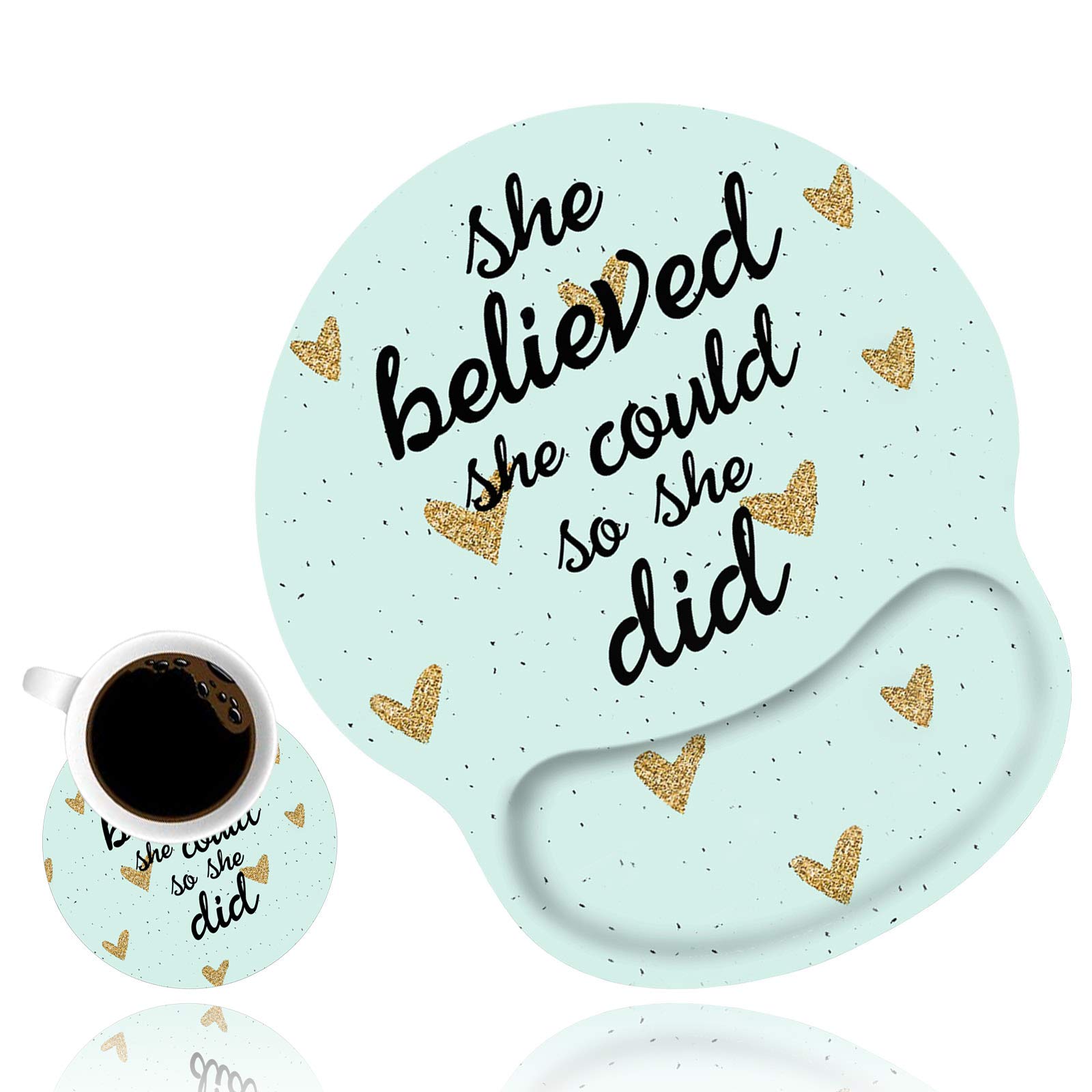 Ergonomic Mouse Pad Wrist Support and Cute Coffee Coaster, She Believed She Could So She Did Inspirational Quote Wrist Rest Mouse Pad with Non-Slip PU