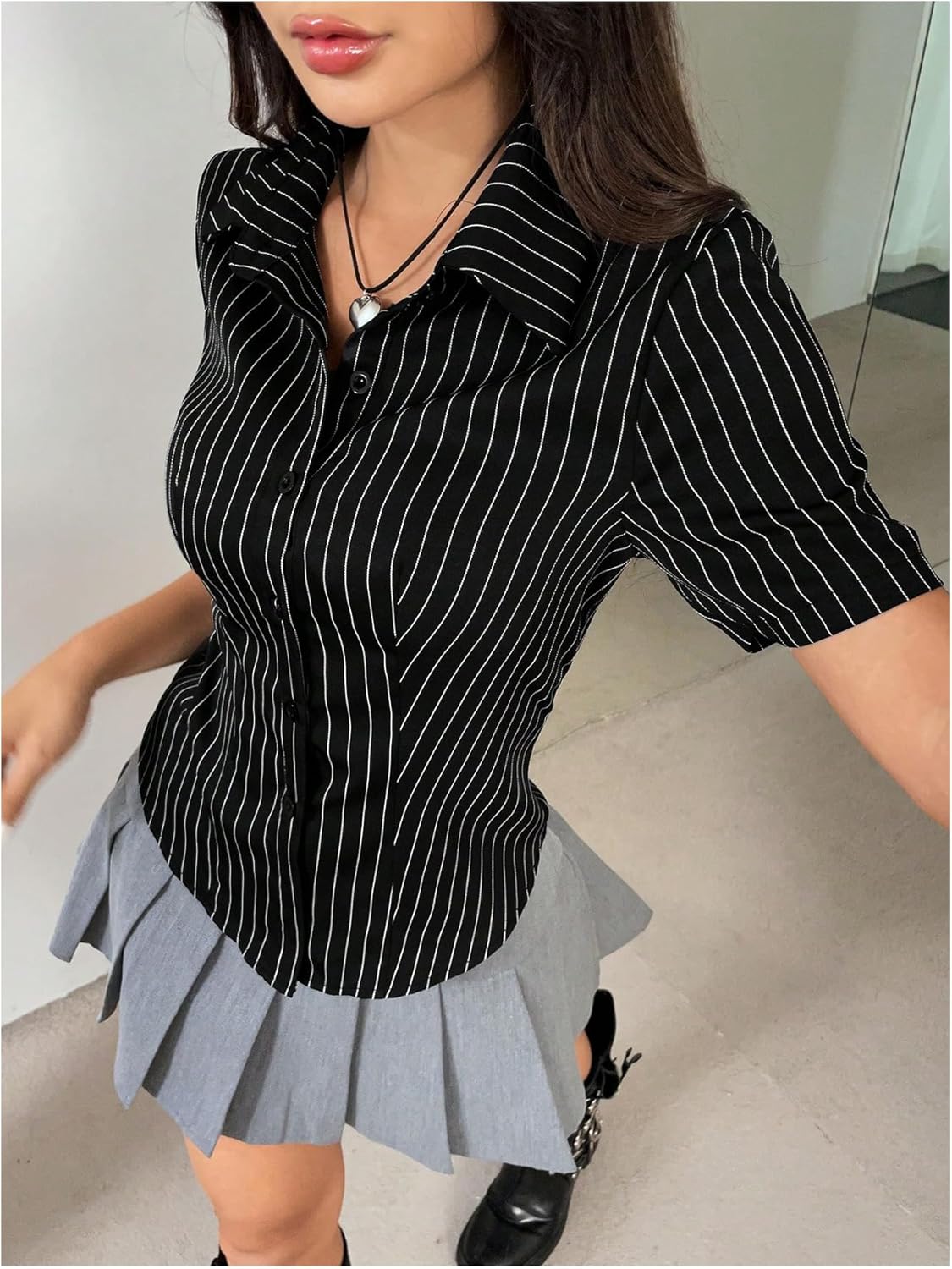 SweatyRocks Women's Striped Button Down Shirt Short Sleeve Collared Fitted Work Office Blouse Dressy Tops - Image 6