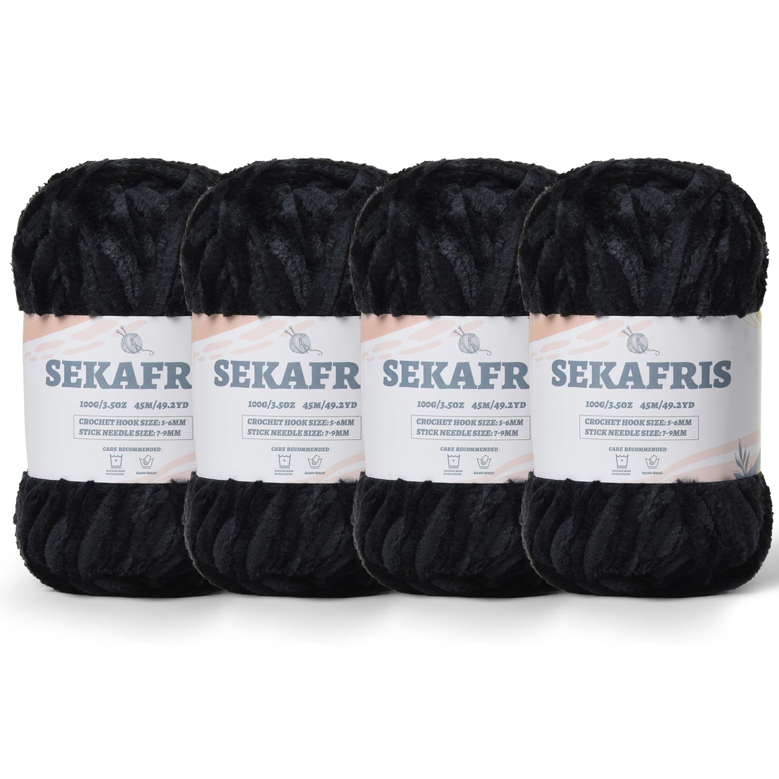 Chenille Velvet Soft Yarn Black 4 Pack