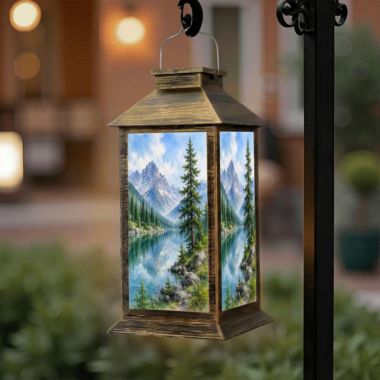 Solar Lantern Outdoor Waterproof Mountain Lake Pine Forest Clear Reflections Watercolor Style Garden Decor LED Hanging Solar Lights Tabletop Lamp Gifts for Women Mom Outside Yard Patio Porch