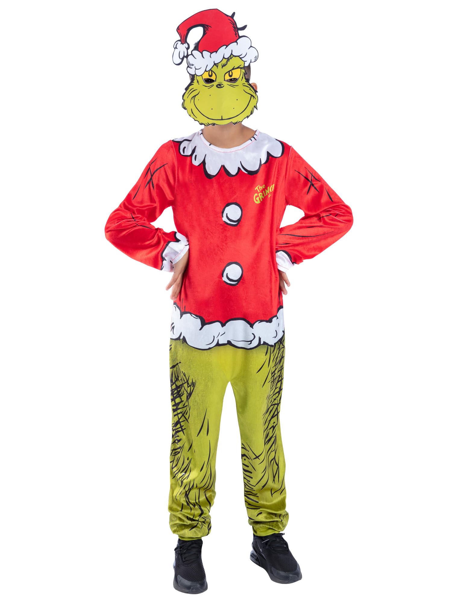 Smiffys Kids Dr Seuss The Grinch Santa Costume, Official Licensed Christmas Fancy Dress Jumpsuit & Mask for Children, Festive Holiday Outfit for Book Week & Christmas Parties Age 4-6