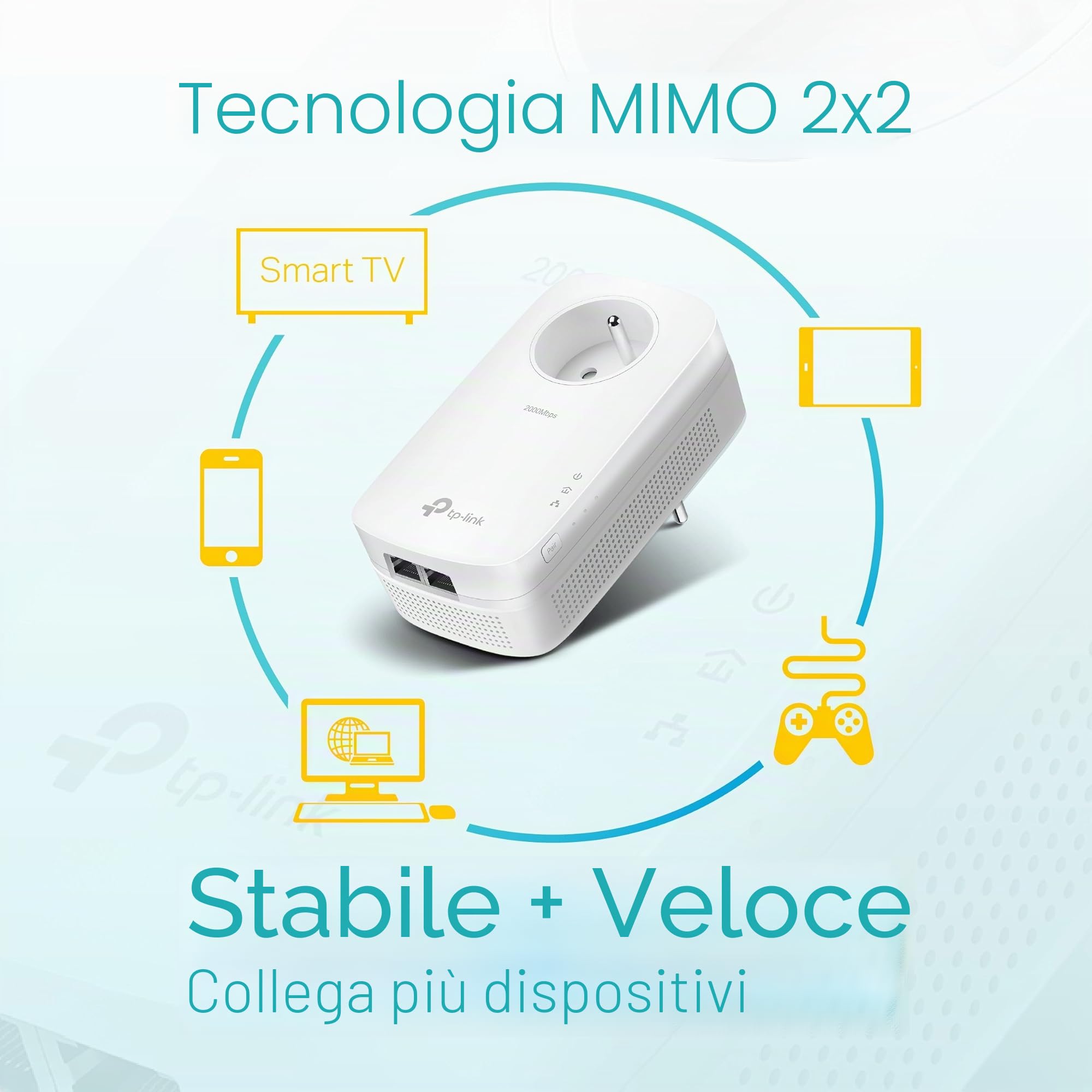 TP-Link Powerline 2000Mbps con 2 porte Gigabit Ethernet e socket integrato, 2 kit Powerline - Soluzione perfetta per usufruire del servizio multi-TV a casa -TL-PA9025P KIT (IT)