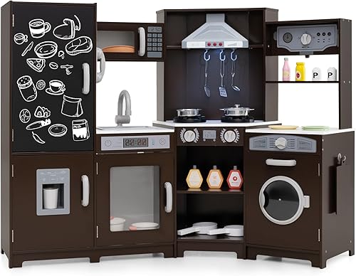 HONEY JOY Cocina esquinera, juego de cocina grande de madera con luces, máquina de hielo y café, campana extractora, pizarra, microondas, utensilios