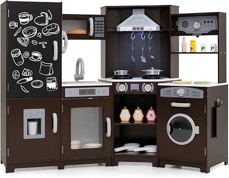 HONEY JOY Corner Play Kitchen, Large Wooden Pretend Toy Kitchen Set w/Lights, Ice & Coffee Maker, Range Hood, Chalkboard, Microwave, Cookware, Little Chef Kids Kitchen Playset for Toddlers Espresso