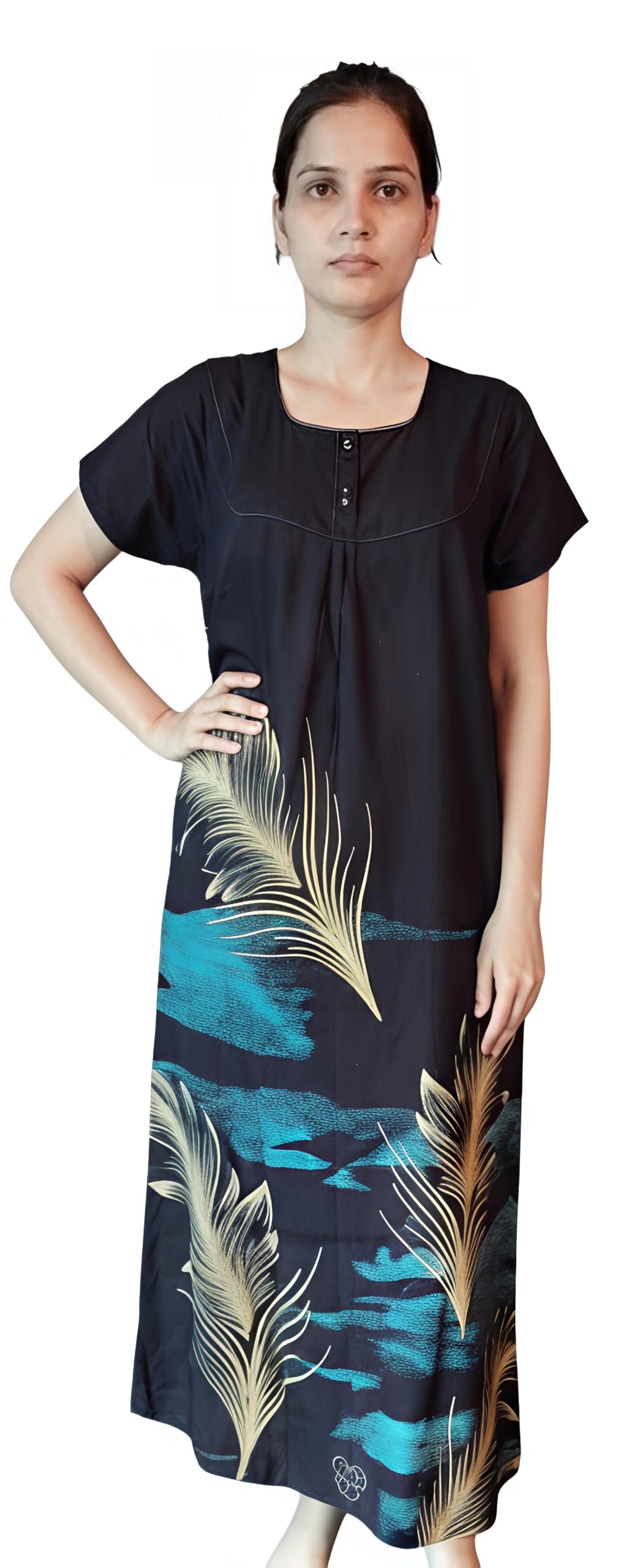 Women's Feather Printed Cotton Maxi Nighty with Side Pocket and Front Buttons, Maroon-image-13