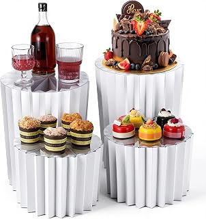 4 Pack Dessert Table Display Set, White Foldable Stand Cylinder Stands for Party Weddings Baby Showers Birthday Catering, Buffet Risers for Food Dessert (11.8" + 15.7")