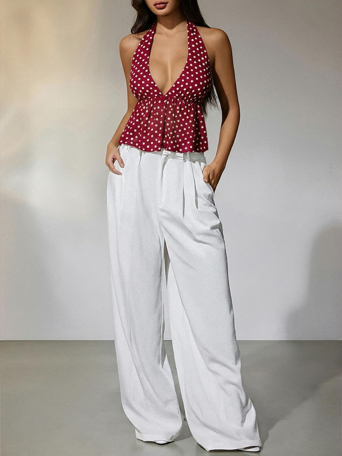 Milumia Women's Y2K Polka Dots Tie Backless Halter Top V Neck Ruffle Hem Peplum Going Out Crop Tank Tops - Image 4