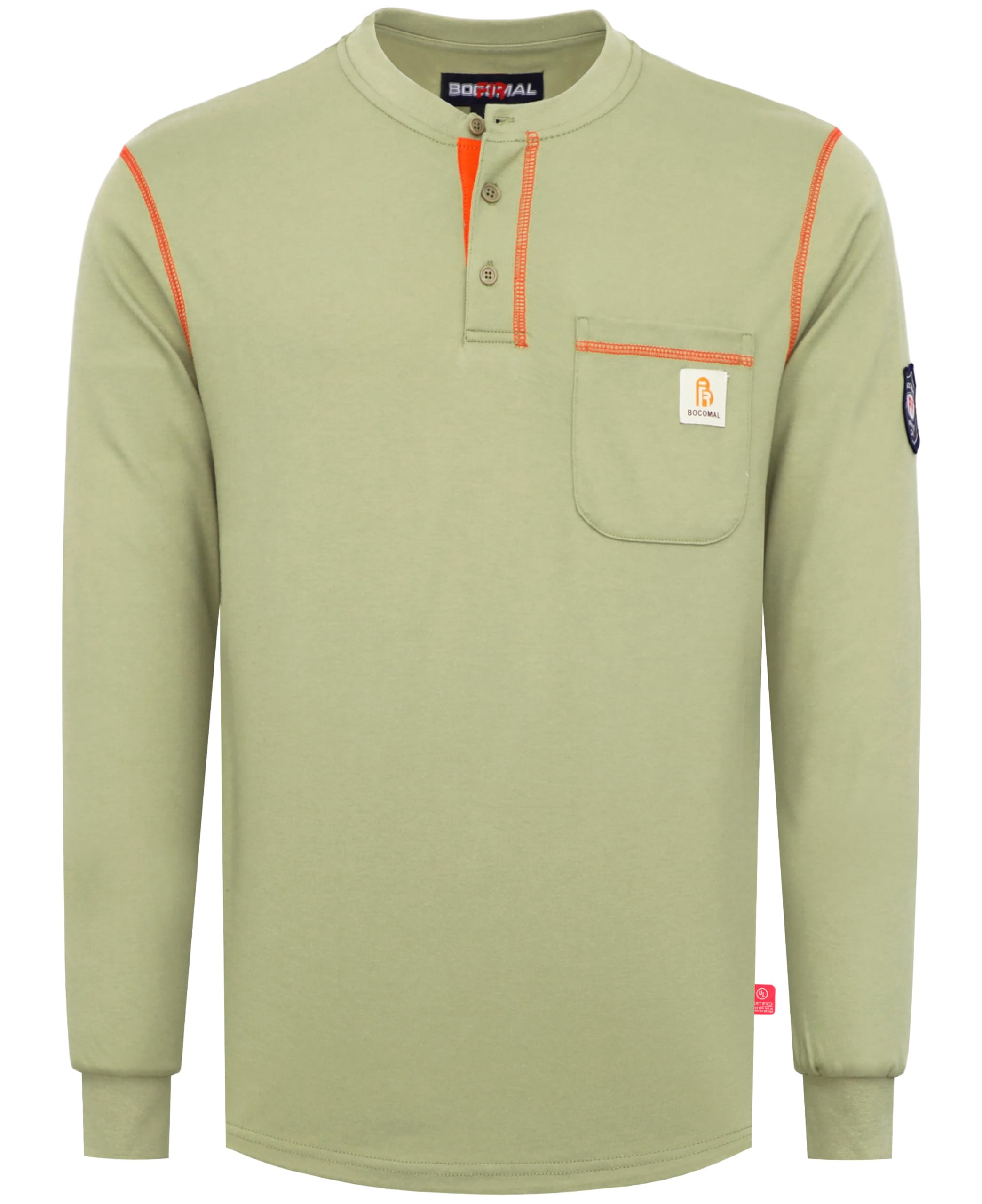 BOCOMAL FR Shirts Flame Resistant Henley Shirt NFPA2112/CAT2 7oz Men's Long Sleeve Fire Retardant Clothing, Ornament Khaki, 3XL