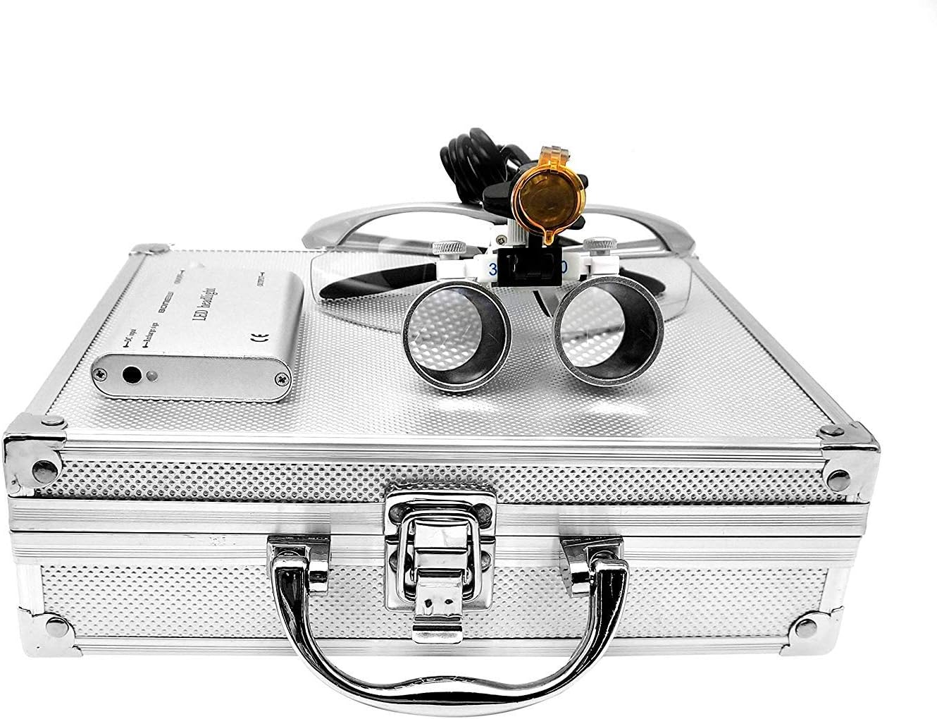 EAST Brand 3.5X 420mm Working Distance Optical Glass Surgical Binocular Loupes and LED Head Light Lamp with Filter Aluminum Box Style (Silver)